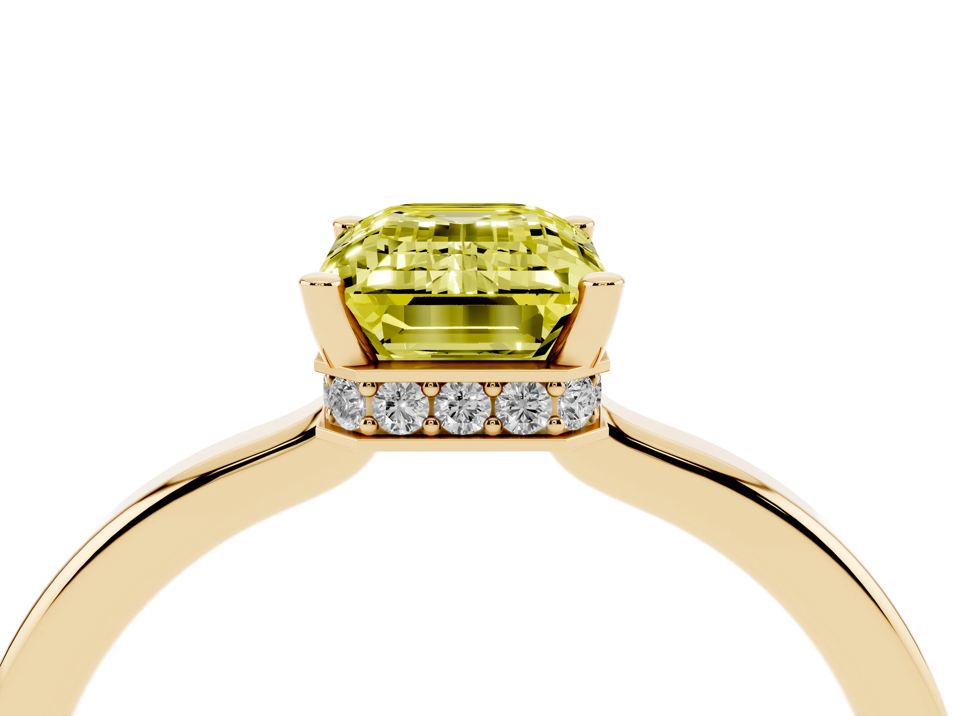 Fancy Yellow Emerald Cut Diamond Solitaire Engagement Ring Set in Yellow gold with Prong Setting on a Plain Band