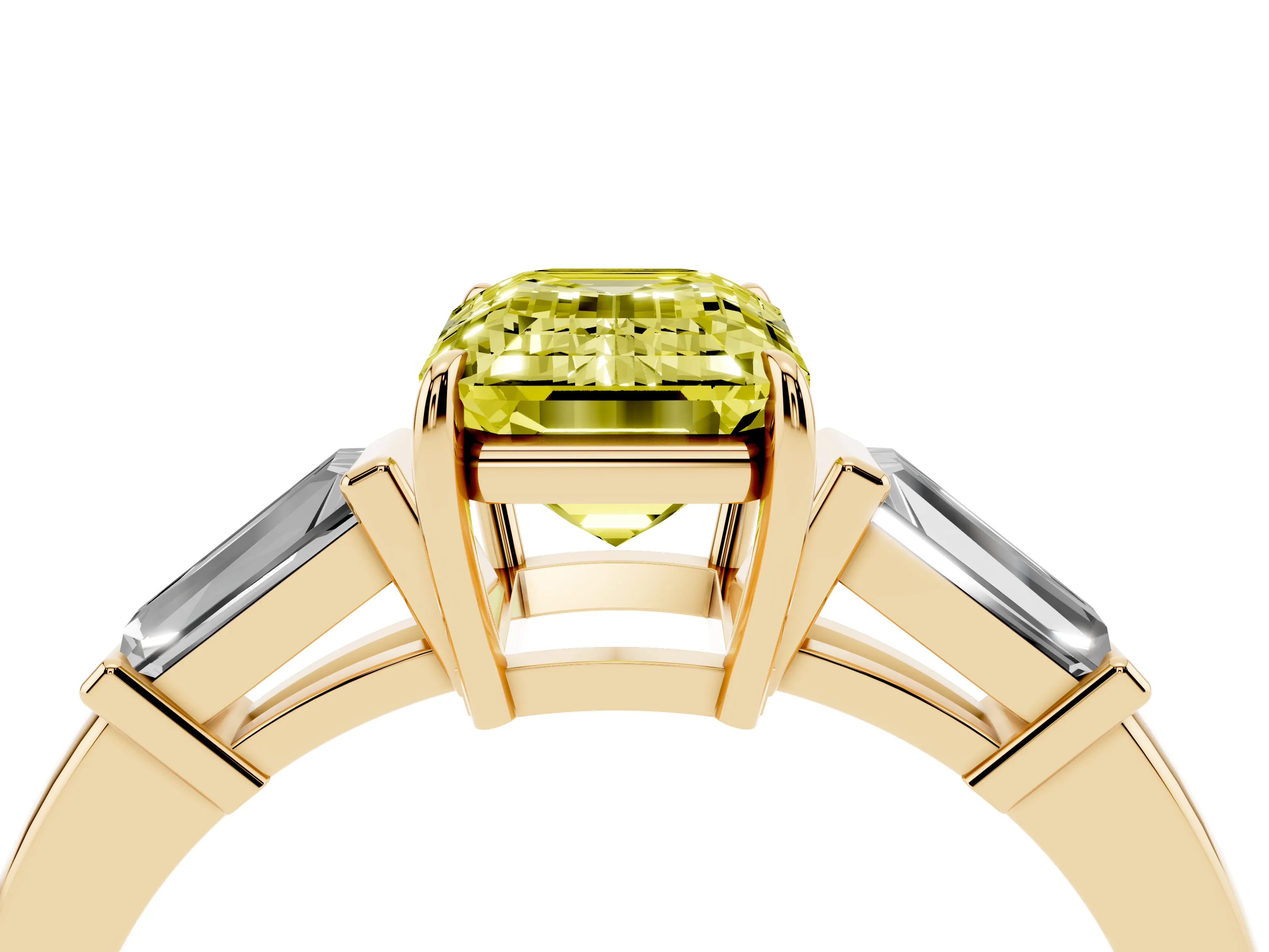 Fancy Yellow Emerald Cut Diamond Three-Stone Ring Set in Yellow gold with Tapered Baguette Side Stones and Prong Setting