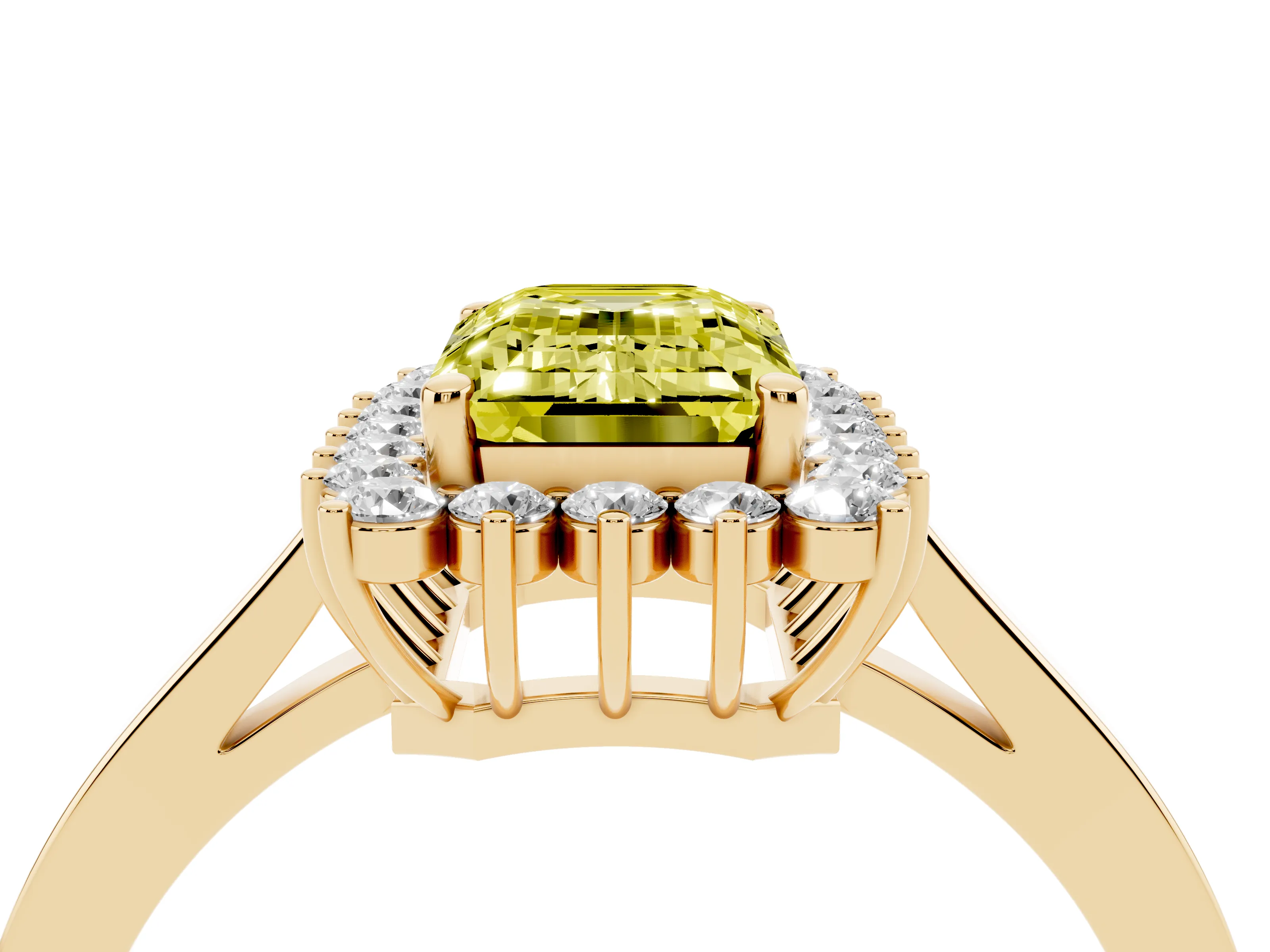 Fancy Yellow Emerald Cut Diamond Halo Ring Set in Yellow gold with Round Halo and Smooth Solitaire Band
