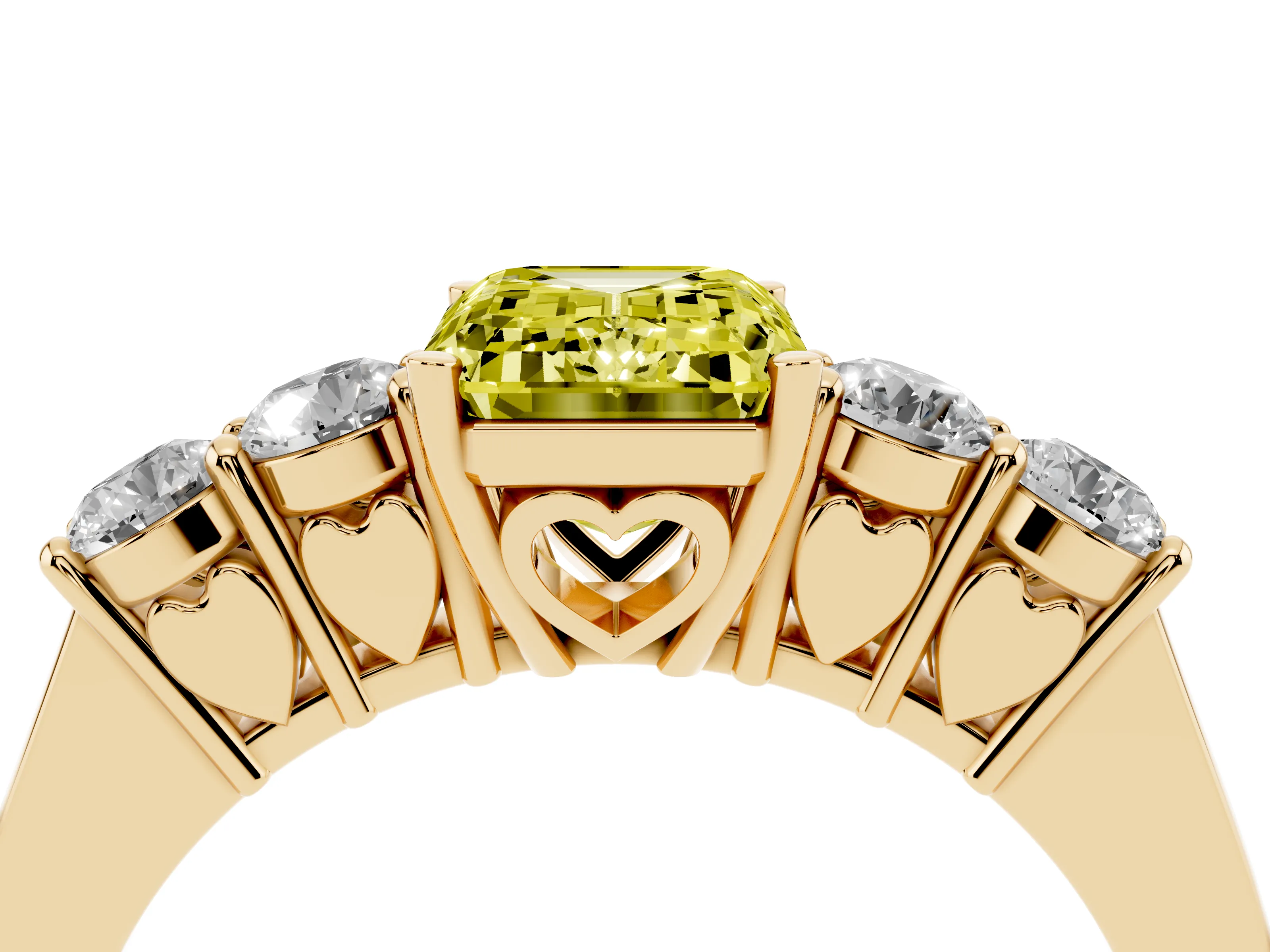 Fancy Yellow Emerald Cut Diamond Five-Stone Prong Set Band Ring Set in Yellow gold with Polished Band