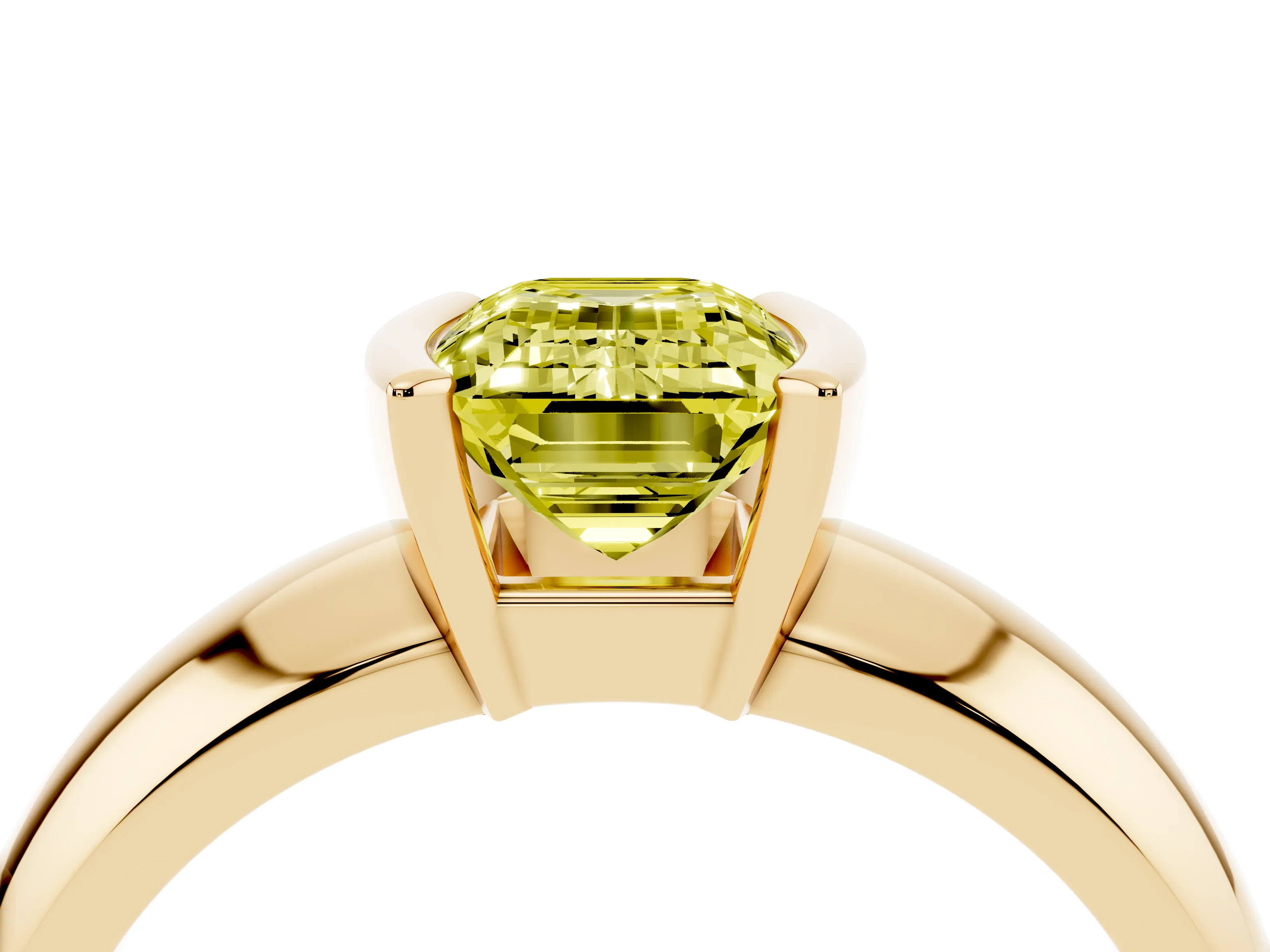 Fancy Yellow Emerald Cut Diamond Solitaire Tension Set Ring Set in Yellow gold with Wide Band