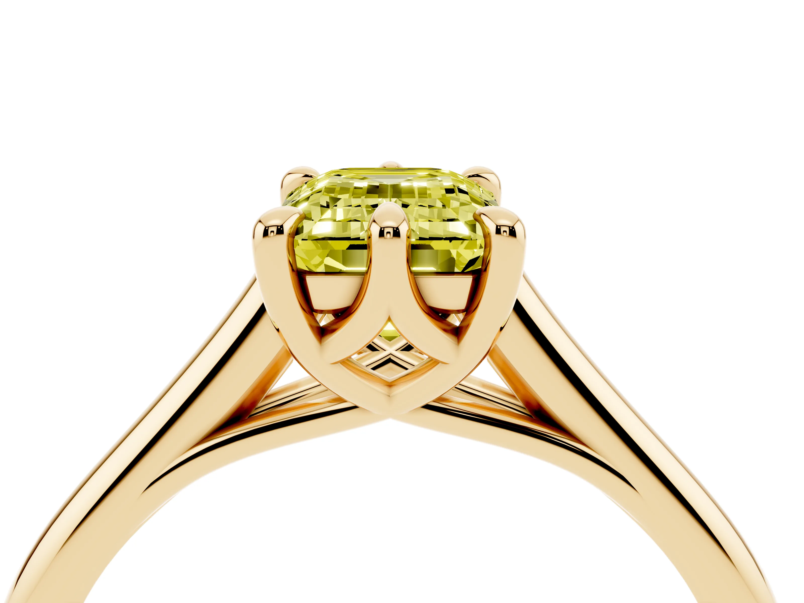 Fancy Yellow Emerald Cut Diamond Solitaire Engagement Ring Set in Yellow gold with Prong Setting and Plain Classic Band