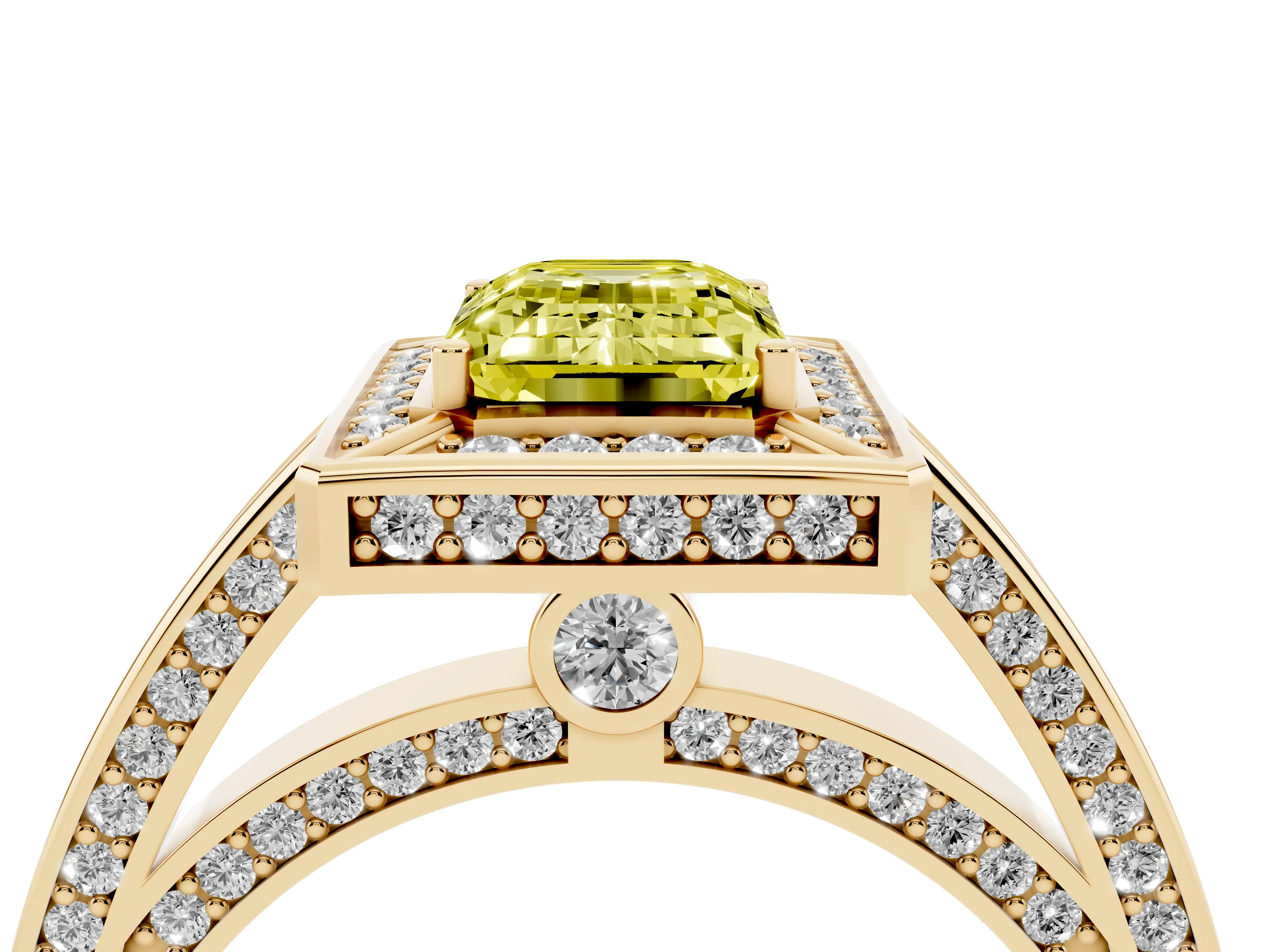 Fancy Yellow Emerald Cut Diamond Halo Pavé Split Shank Ring Set in Yellow gold with Prong Setting