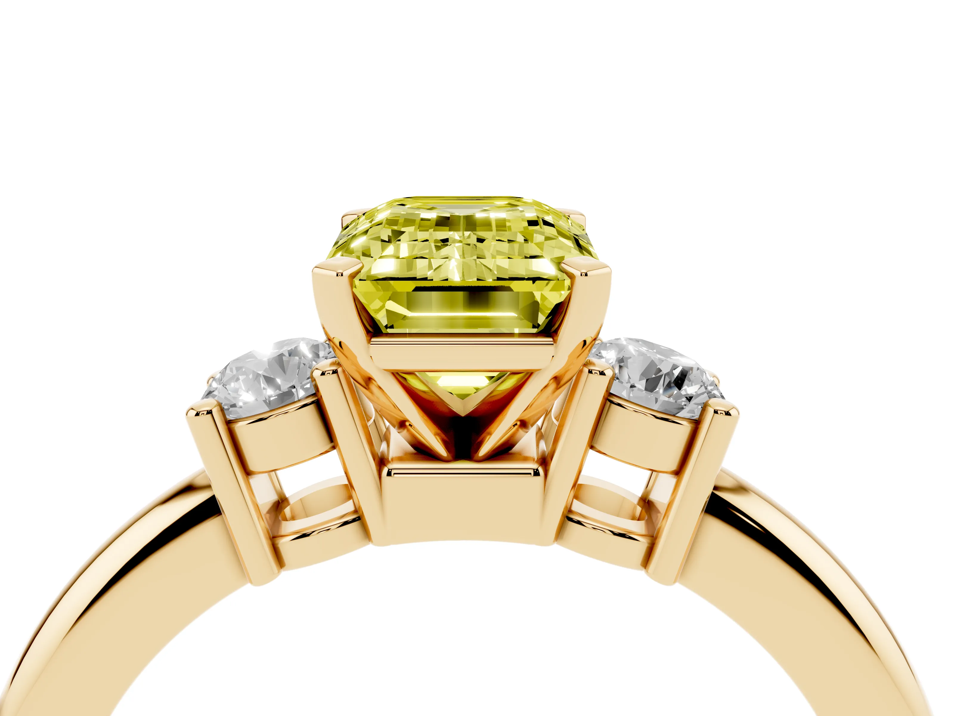 Fancy Yellow Three-Stone Emerald Cut Diamond Ring Set in Yellow gold with Prong Setting and Plain Band