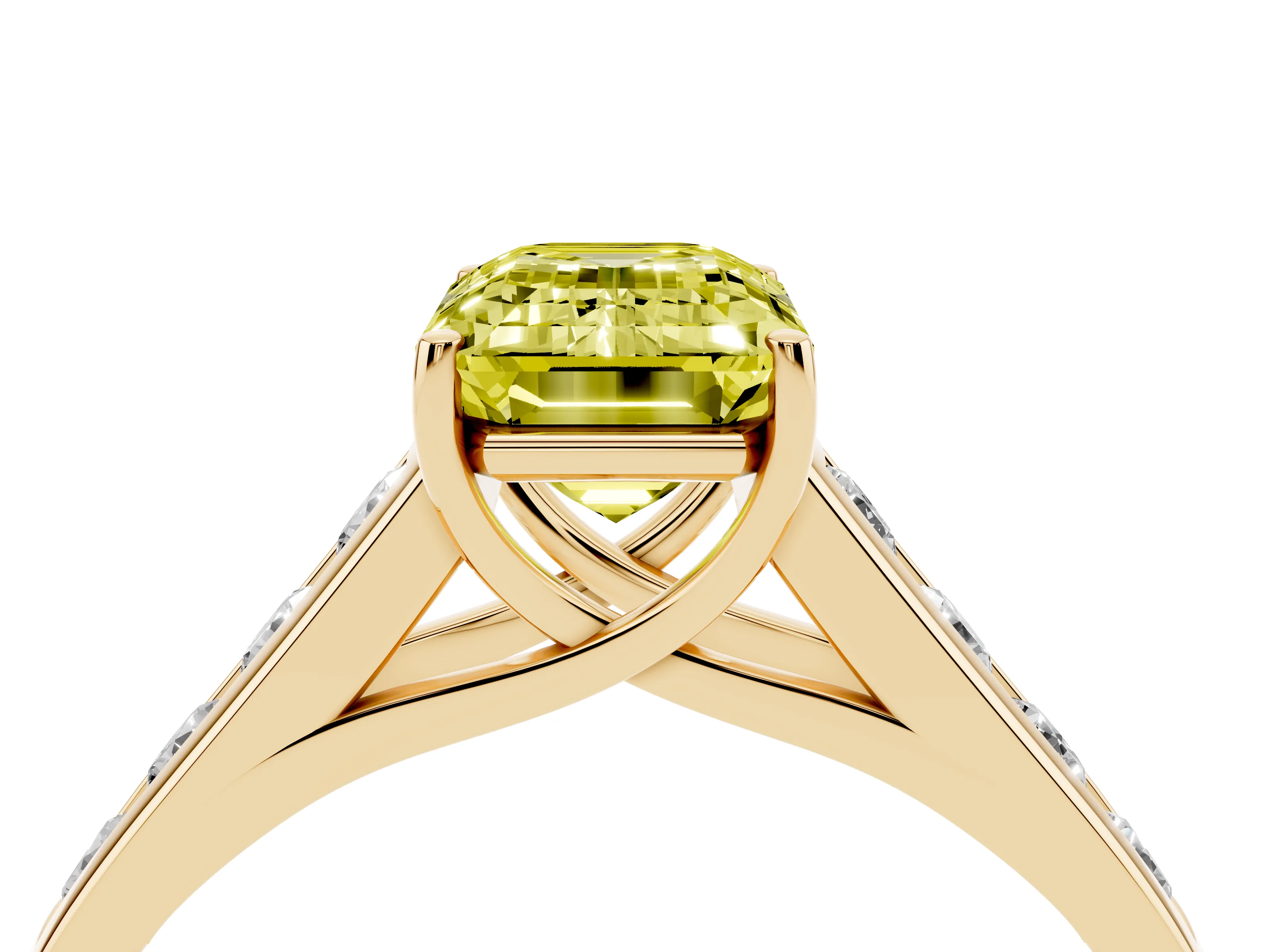 Fancy Yellow Emerald Cut Diamond Solitaire Channel-Set Engagement Ring Set in Yellow gold with Prong Setting