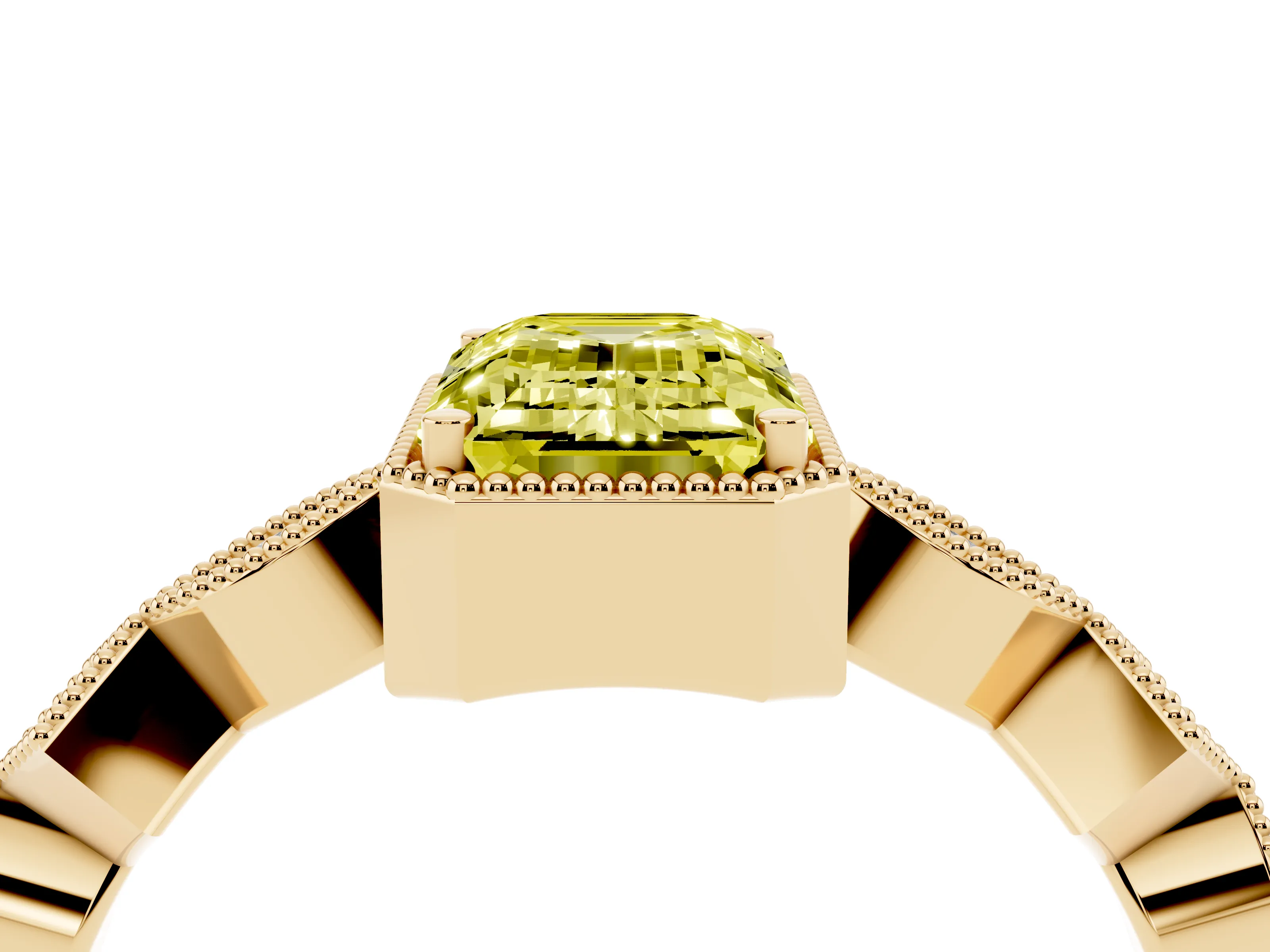 Fancy Yellow Emerald Cut Diamond Milgrain Marquise Twist Band Ring Set in Yellow gold with Prong Setting