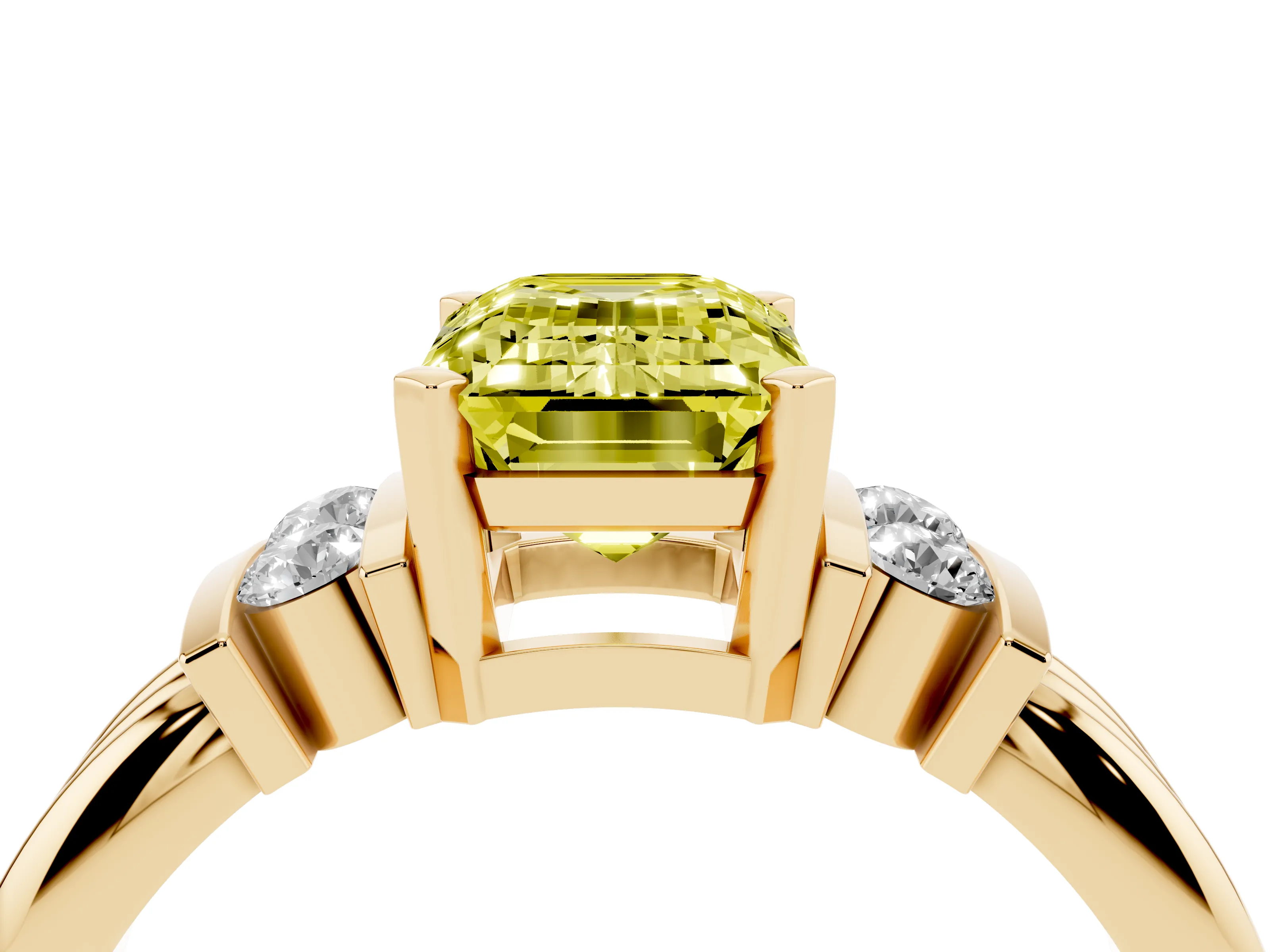 Fancy Yellow Three-Stone Emerald Cut Diamond Channel Set Ring Set in Yellow gold with Bar Prongs