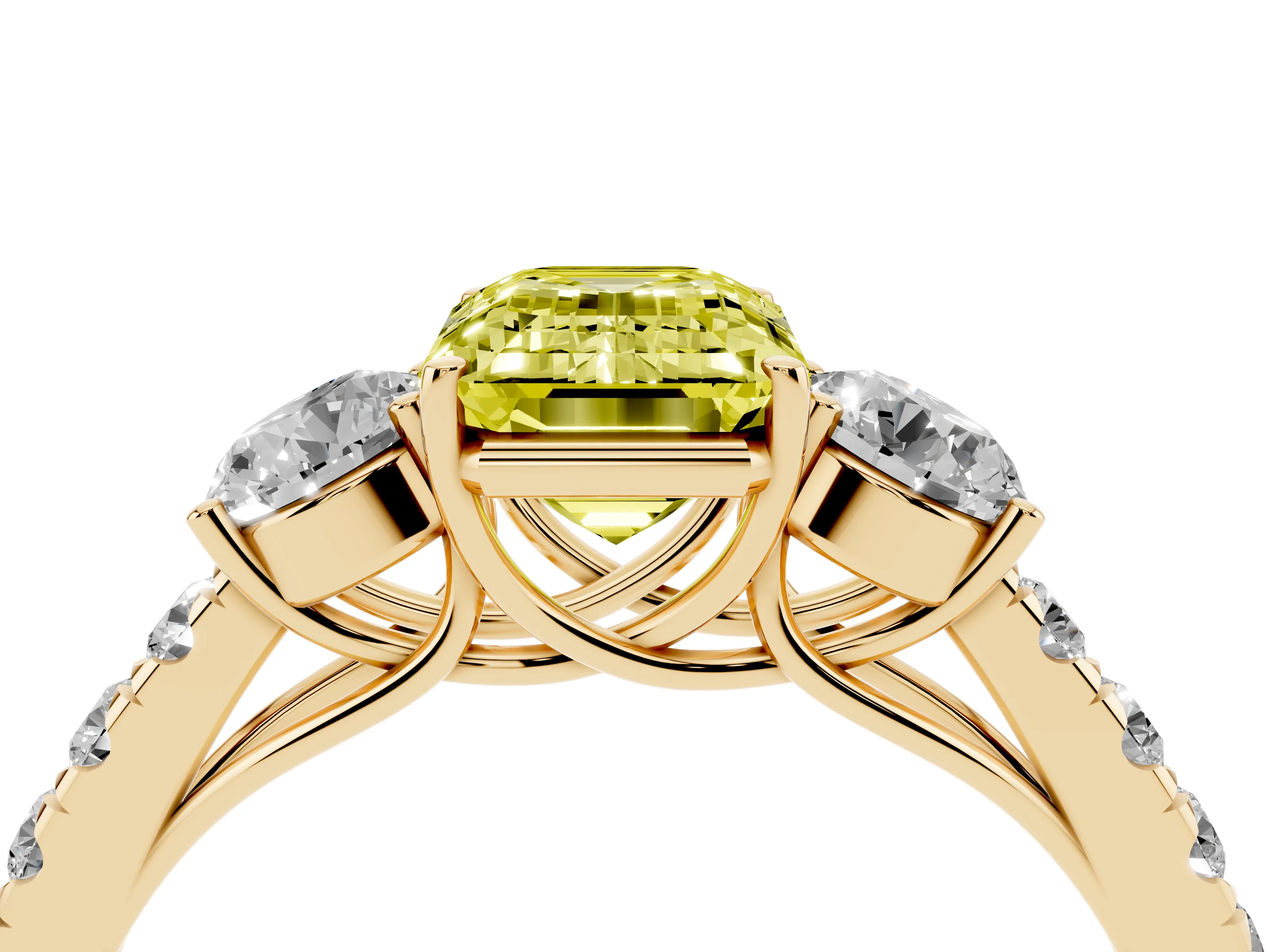 Fancy Yellow Emerald Cut Diamond Three-Stone Ring Set in Yellow gold with Round Side Stones and Delicate Pavé Band