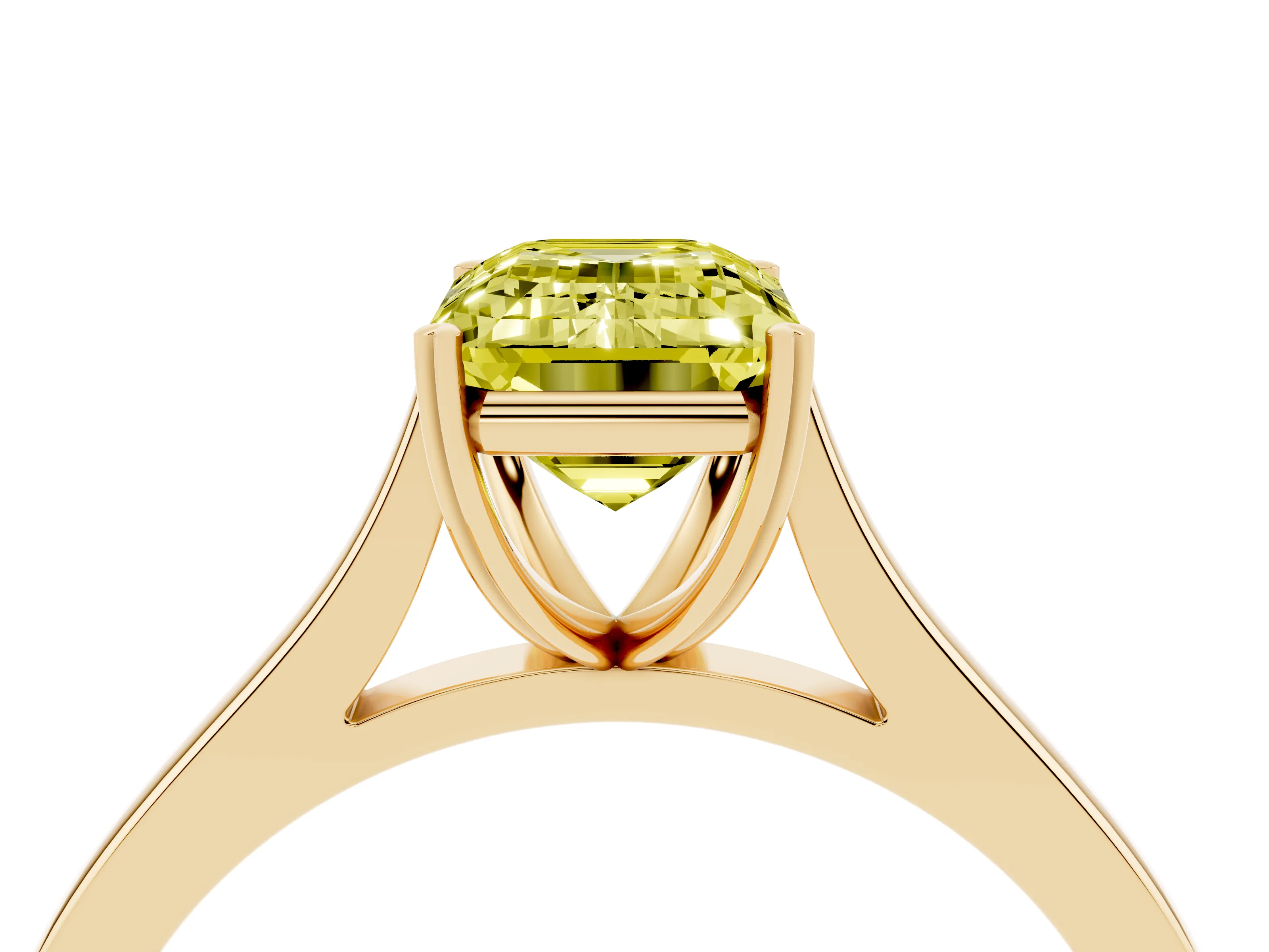 Fancy Yellow Emerald Cut Diamond Solitaire Heart Prong Engagement Ring Set in Yellow gold with Tapered Band