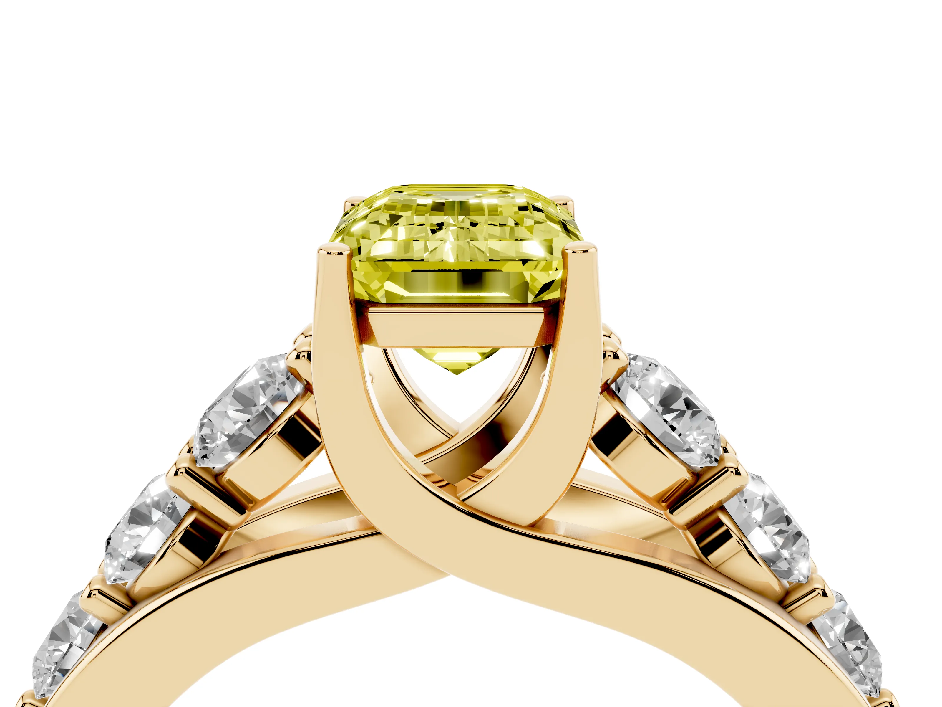 Fancy Yellow Emerald Cut Diamond Pavé Engagement Ring Set in Yellow gold with Prong Setting