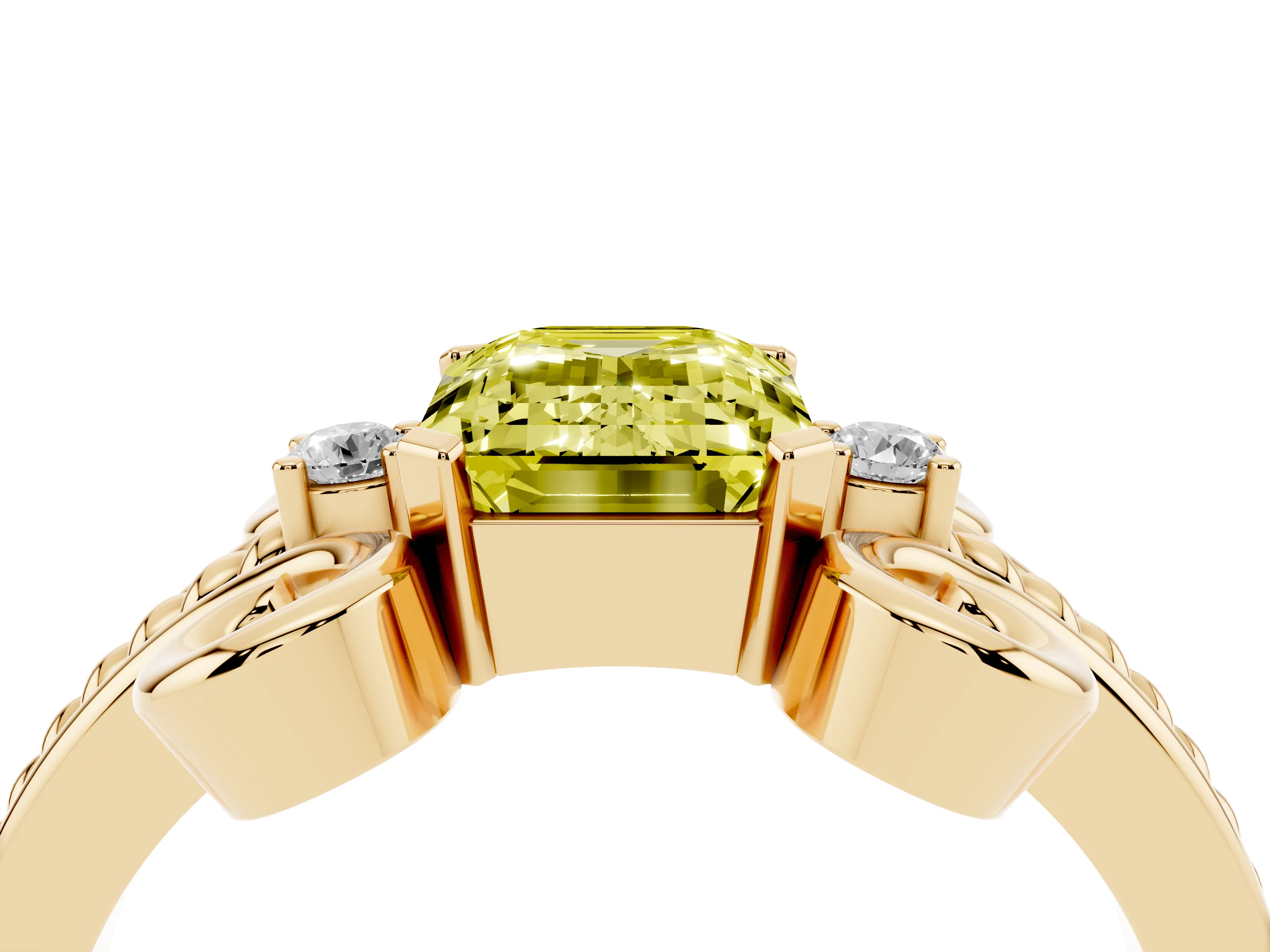 Fancy Yellow Emerald Cut Diamond Twisted Band Solitaire Ring Set in Yellow gold with Scroll Prongs