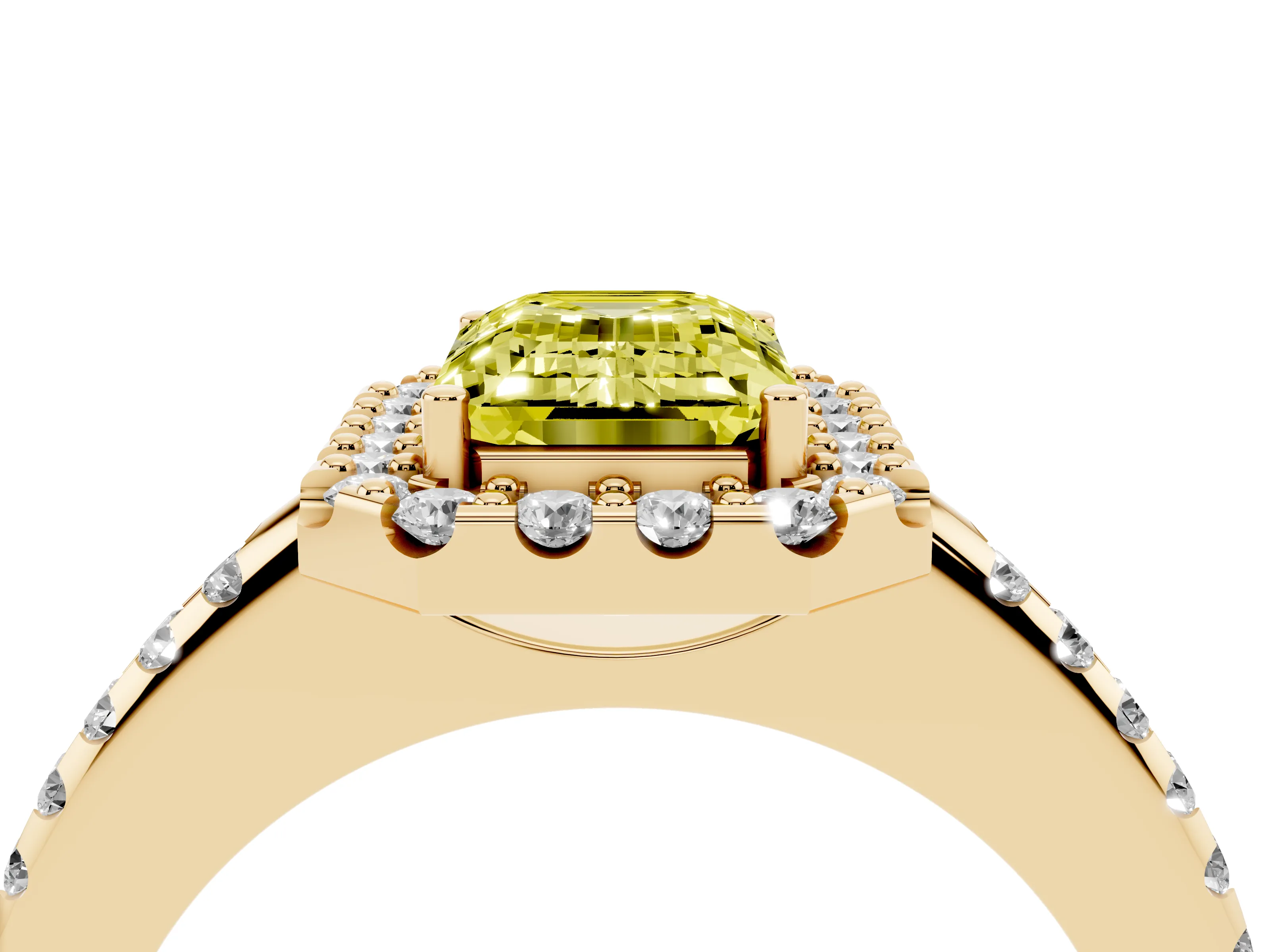 Fancy Yellow Emerald Cut Diamond Pavé Halo Ring Set in Yellow gold with Prong Setting
