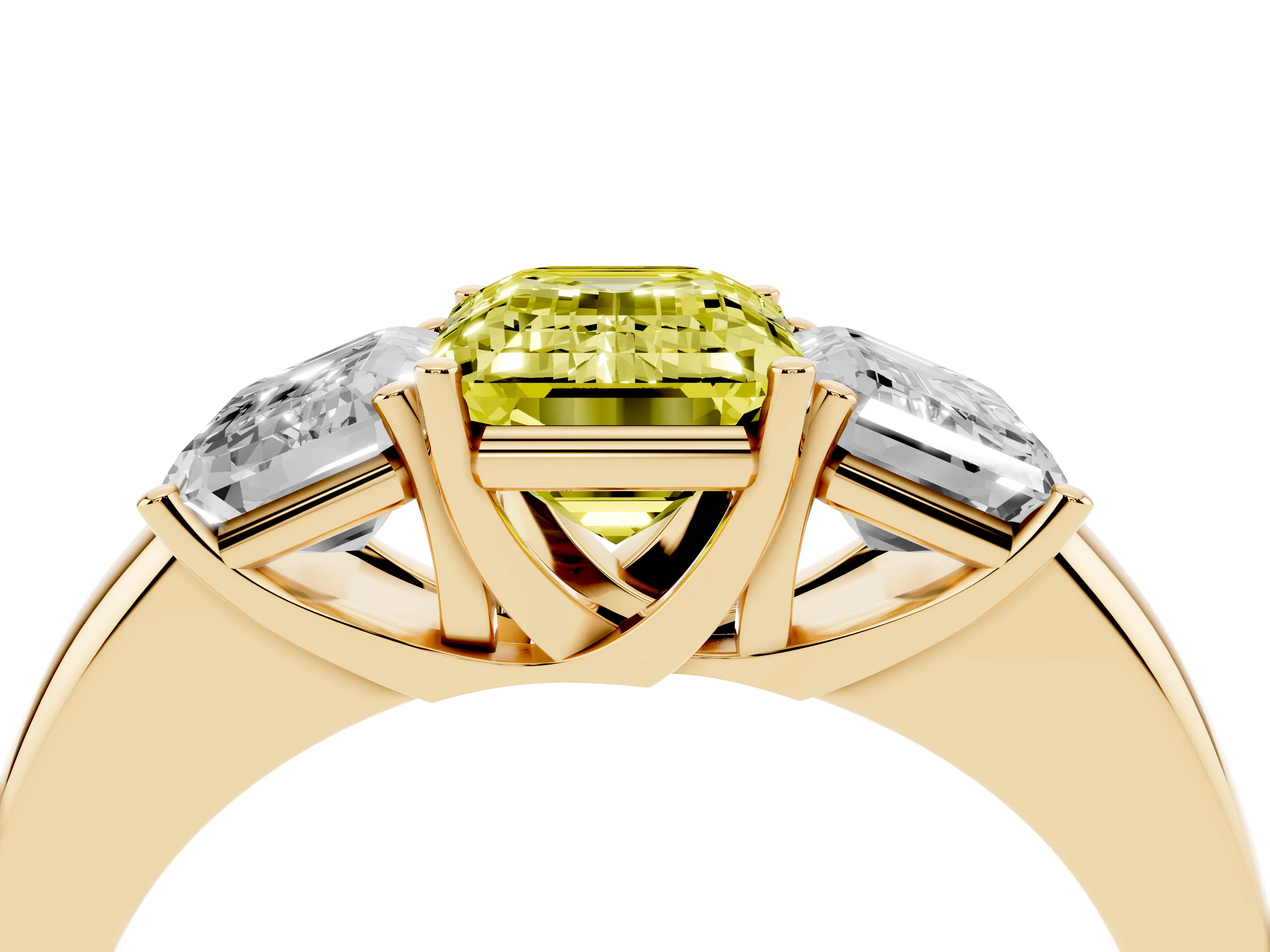 Fancy Yellow Emerald Cut Diamond Three-Stone Ring Set in Yellow gold with Bold Center and Classic Band