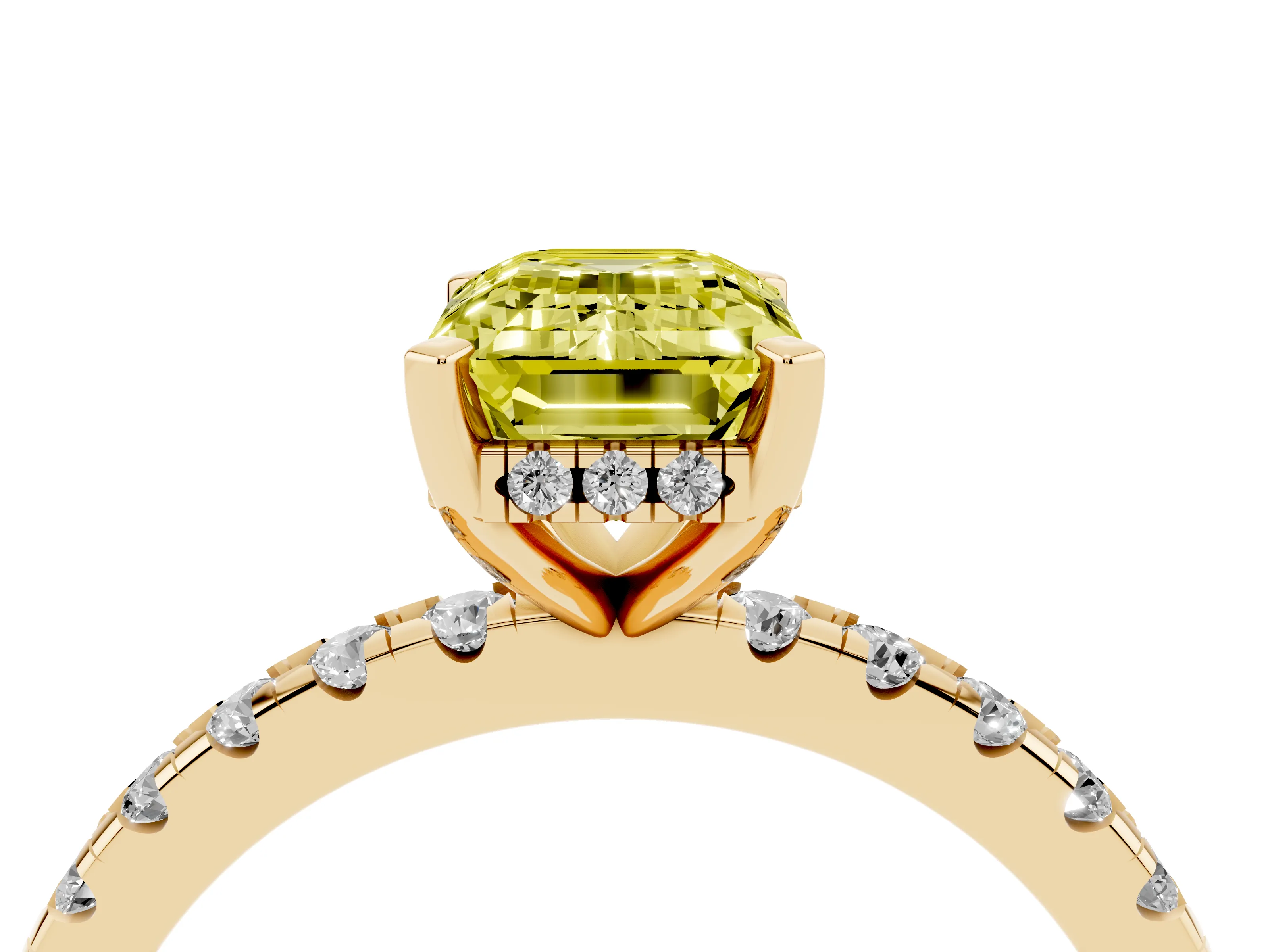 Fancy Yellow Emerald Cut Diamond Pavé Solitaire Ring Set in Yellow gold with Round Band Accents and Prong Setting