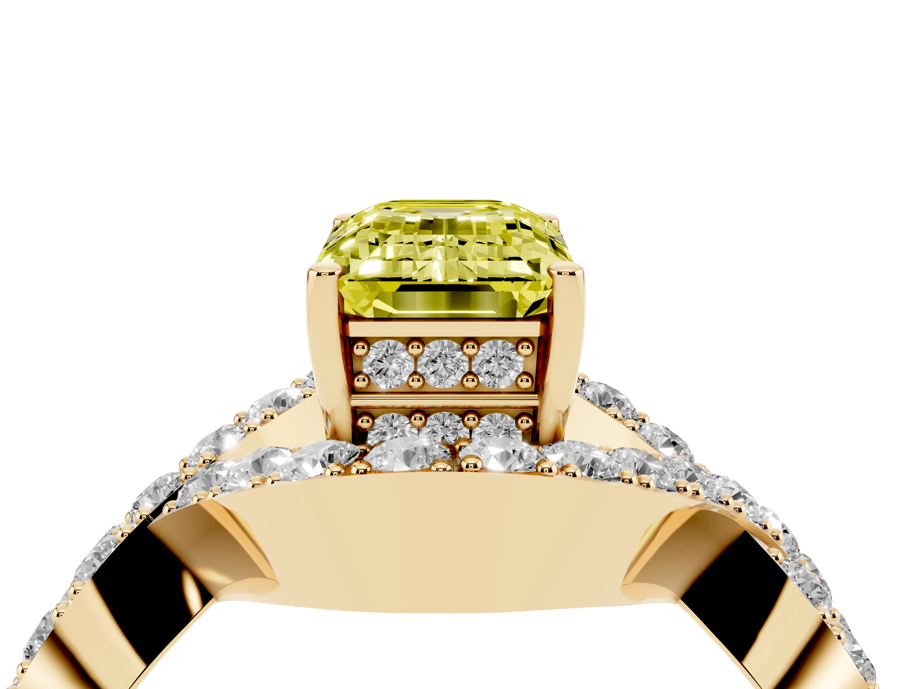 Fancy Yellow Emerald Cut Diamond Solitaire Twist Band Pavé Engagement Ring Set in Yellow gold