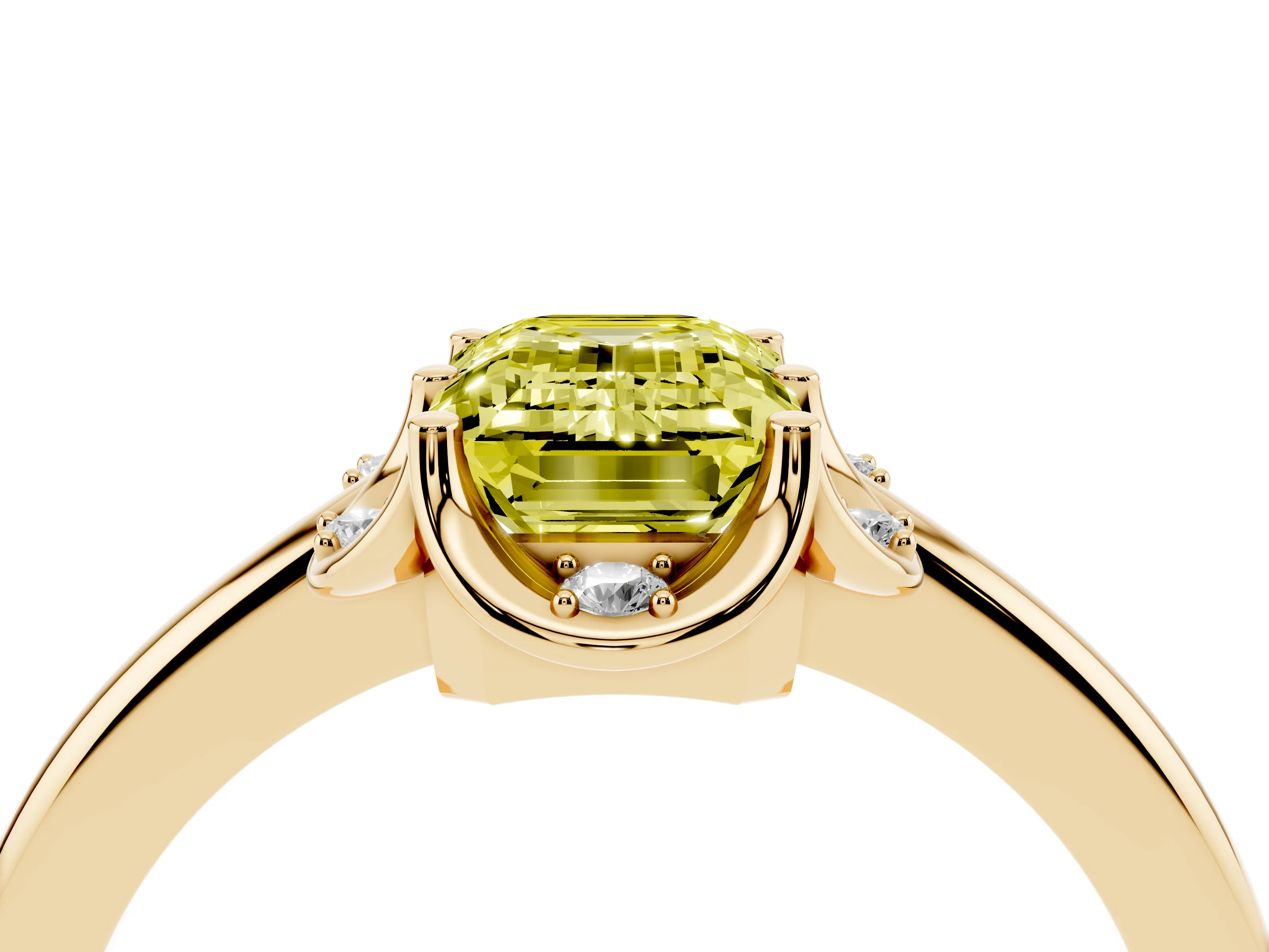 Fancy Yellow Emerald Cut Diamond Round Cluster Halo Ring Set in Yellow gold with Solitaire Band and Prong Setting