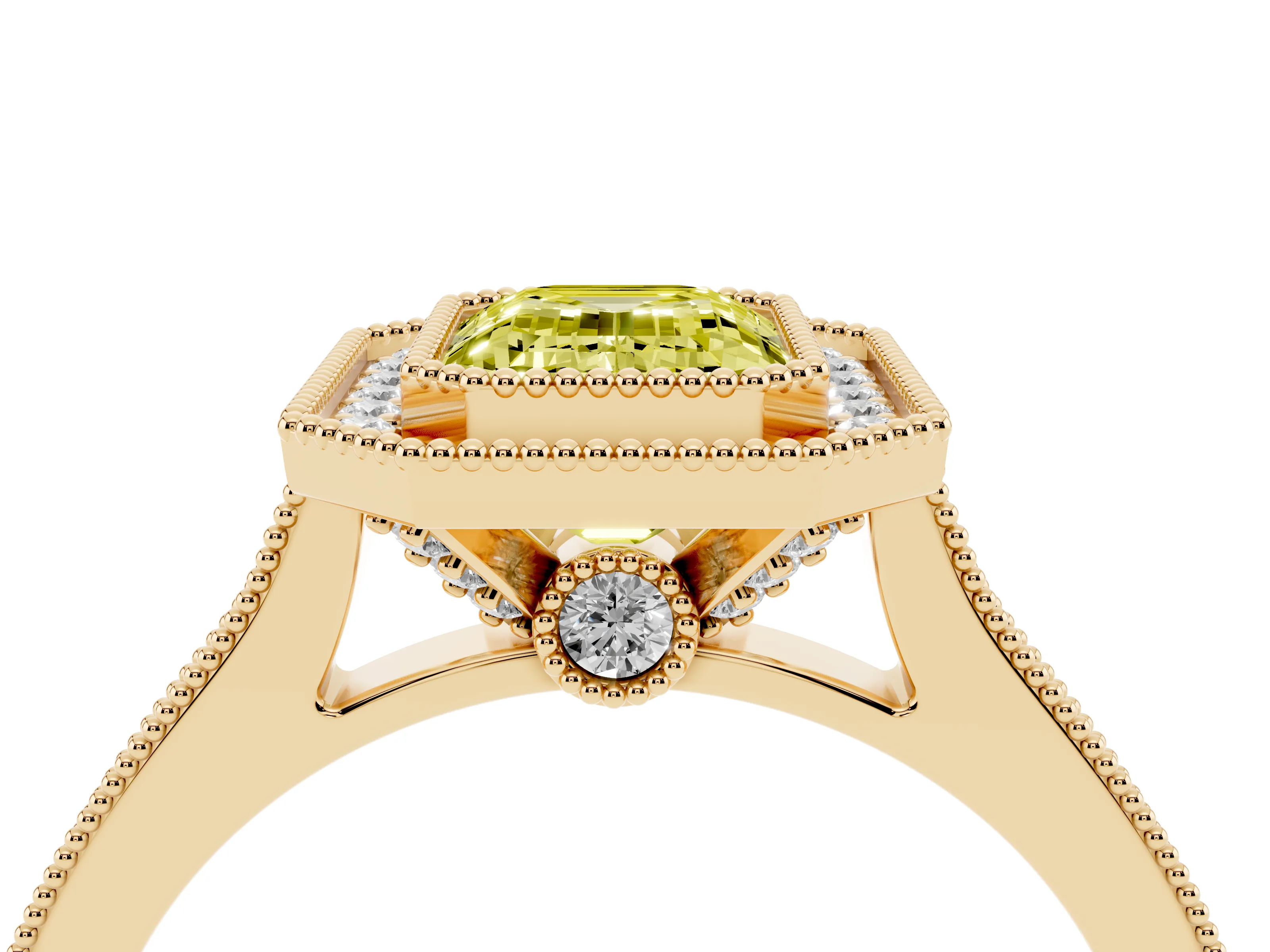 Fancy Yellow Emerald Cut Diamond Halo Milgrain Pavé Band Ring Set in Yellow gold with Prong Setting
