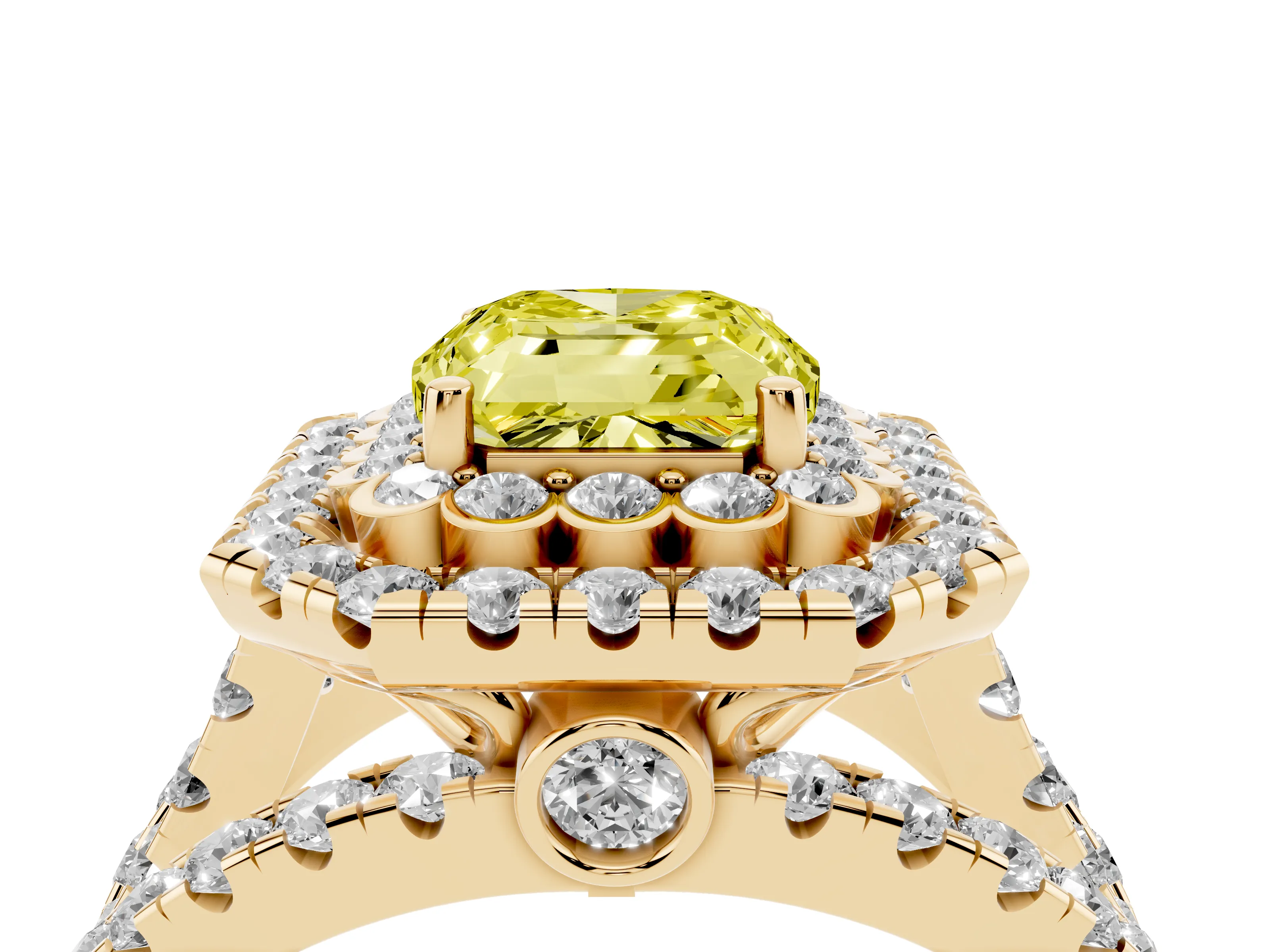 Fancy Yellow Emerald Cut Diamond Double Halo Ring Set in Yellow gold with Round Pavé Split Shank