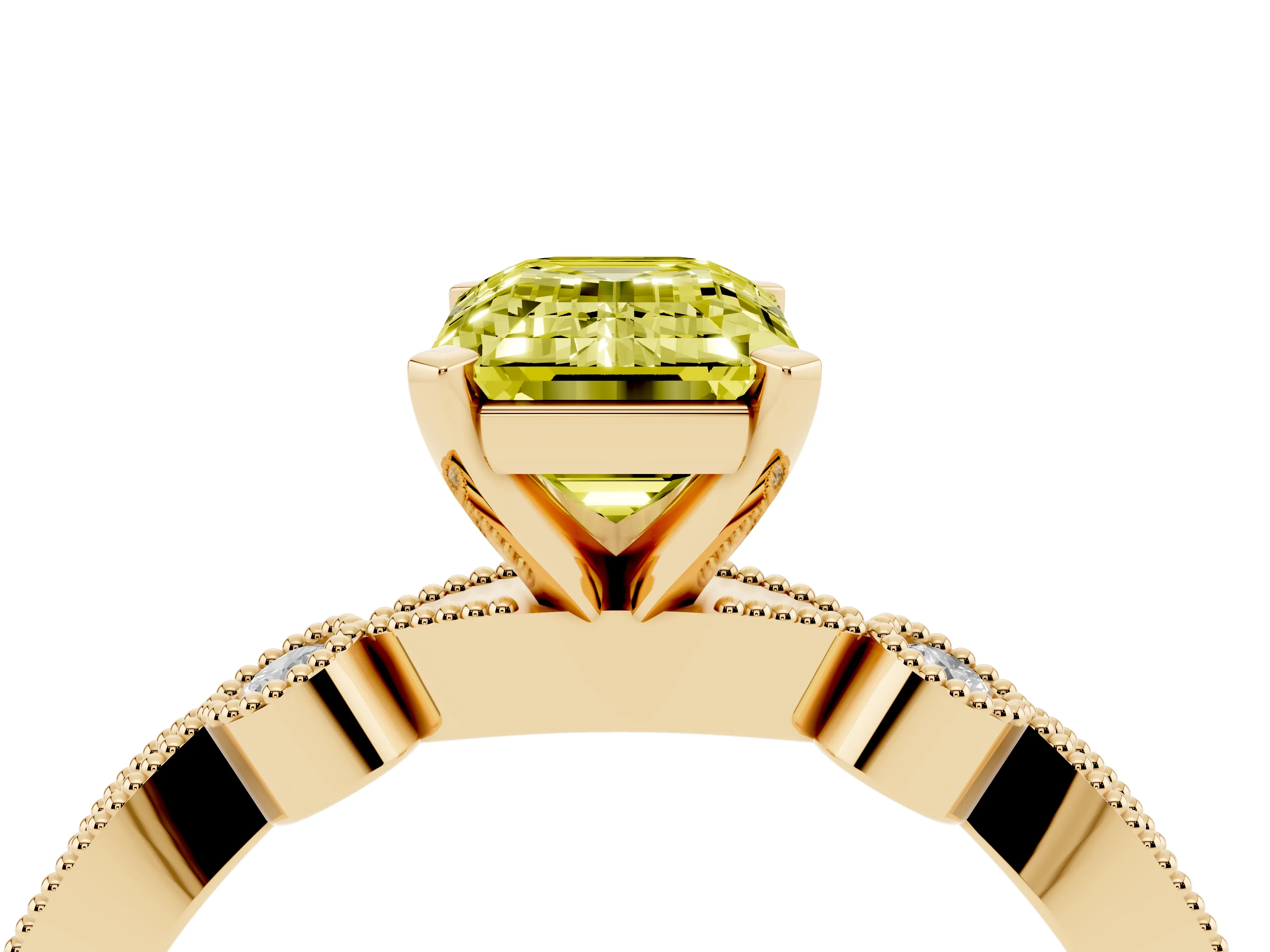 Fancy Yellow Emerald Cut Diamond Solitaire Engagement Ring Set in Yellow gold with Milgrain Bezel Accent Band