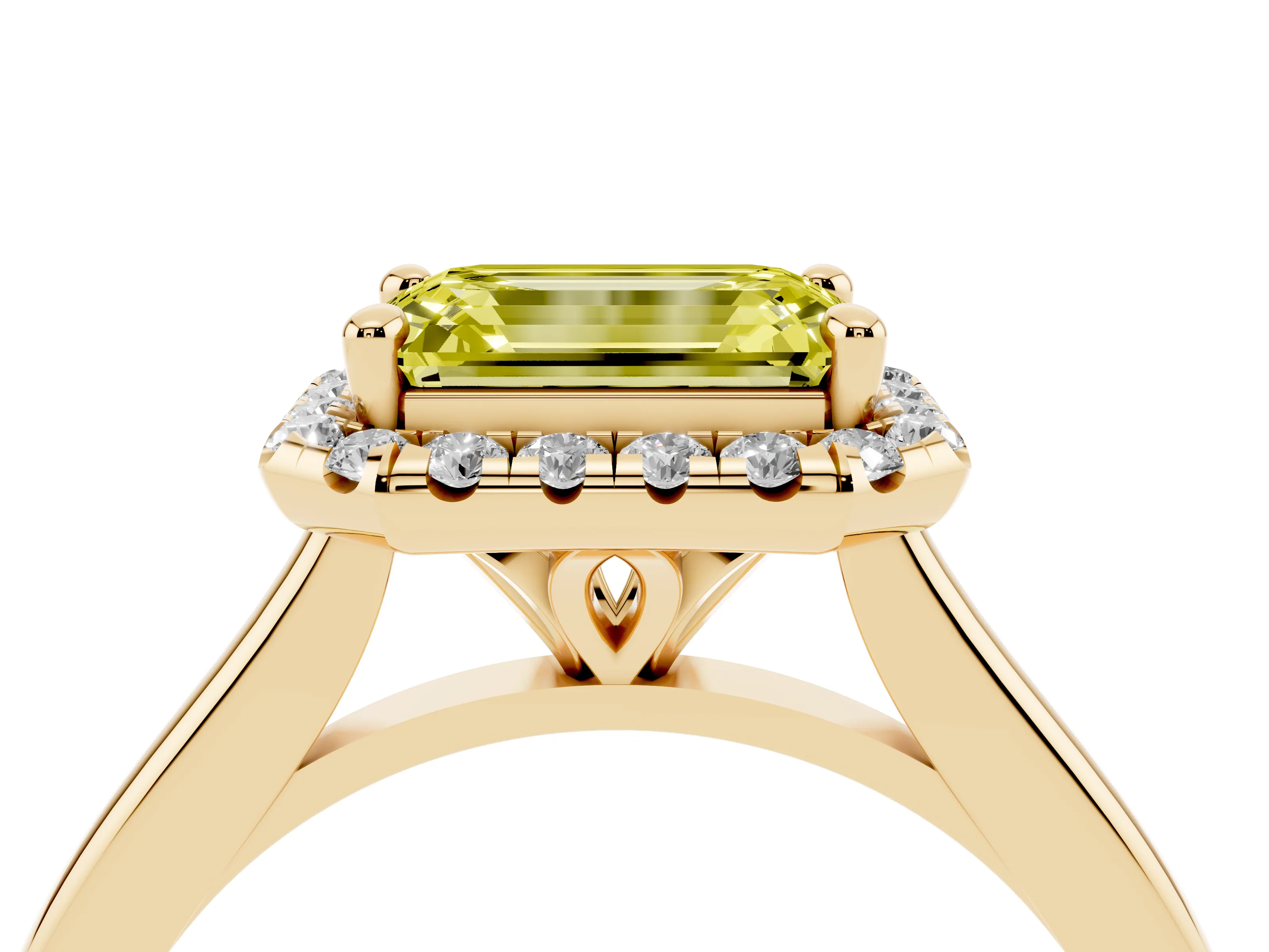 Fancy Yellow Emerald Cut Diamond Halo Engagement Ring Set in Yellow gold with Pavé Band and Rising Shoulders