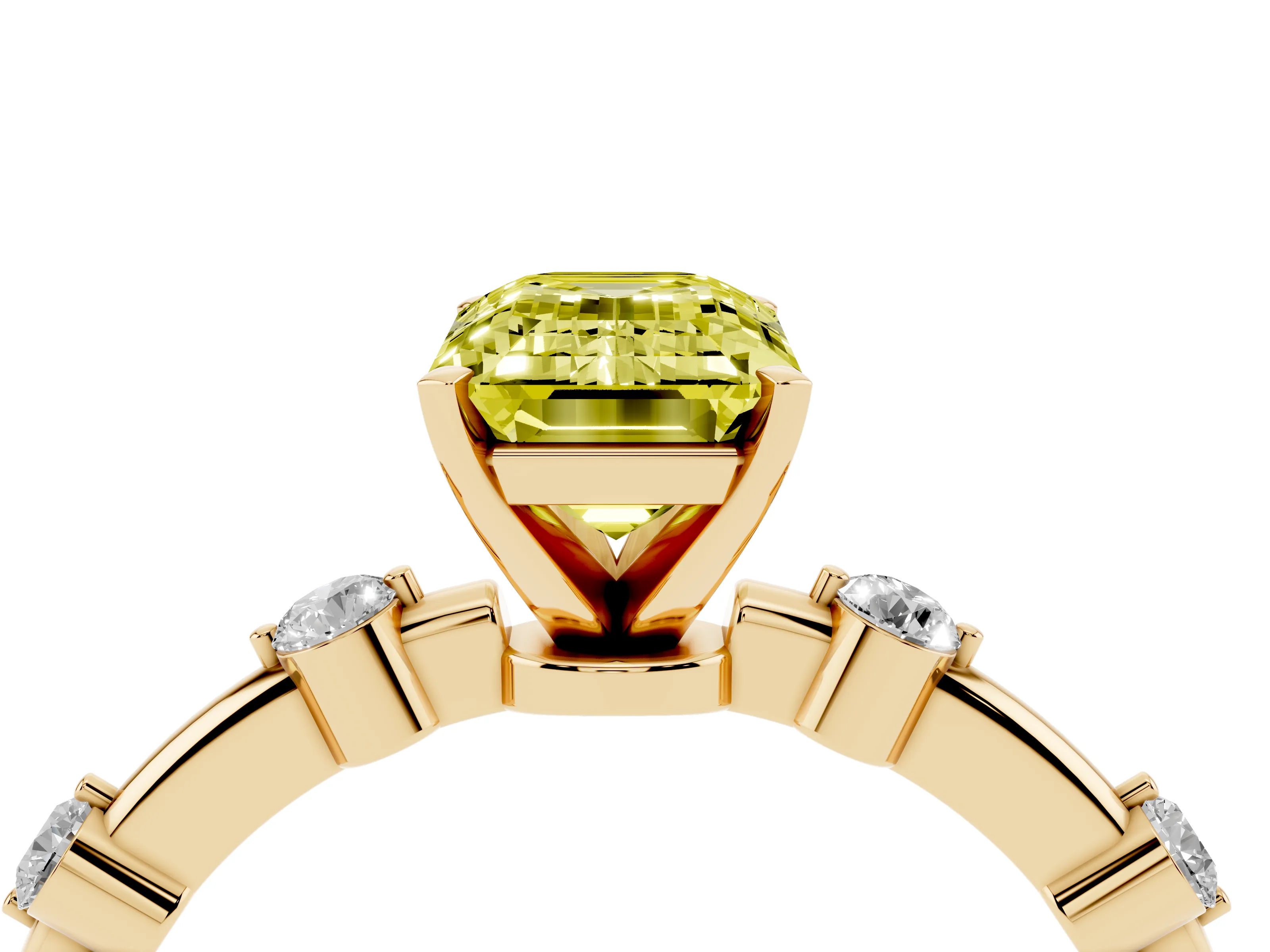 Fancy Yellow Emerald Cut Diamond Solitaire Ring Set in Yellow gold with Bezel Set Side Stones and Prong Setting
