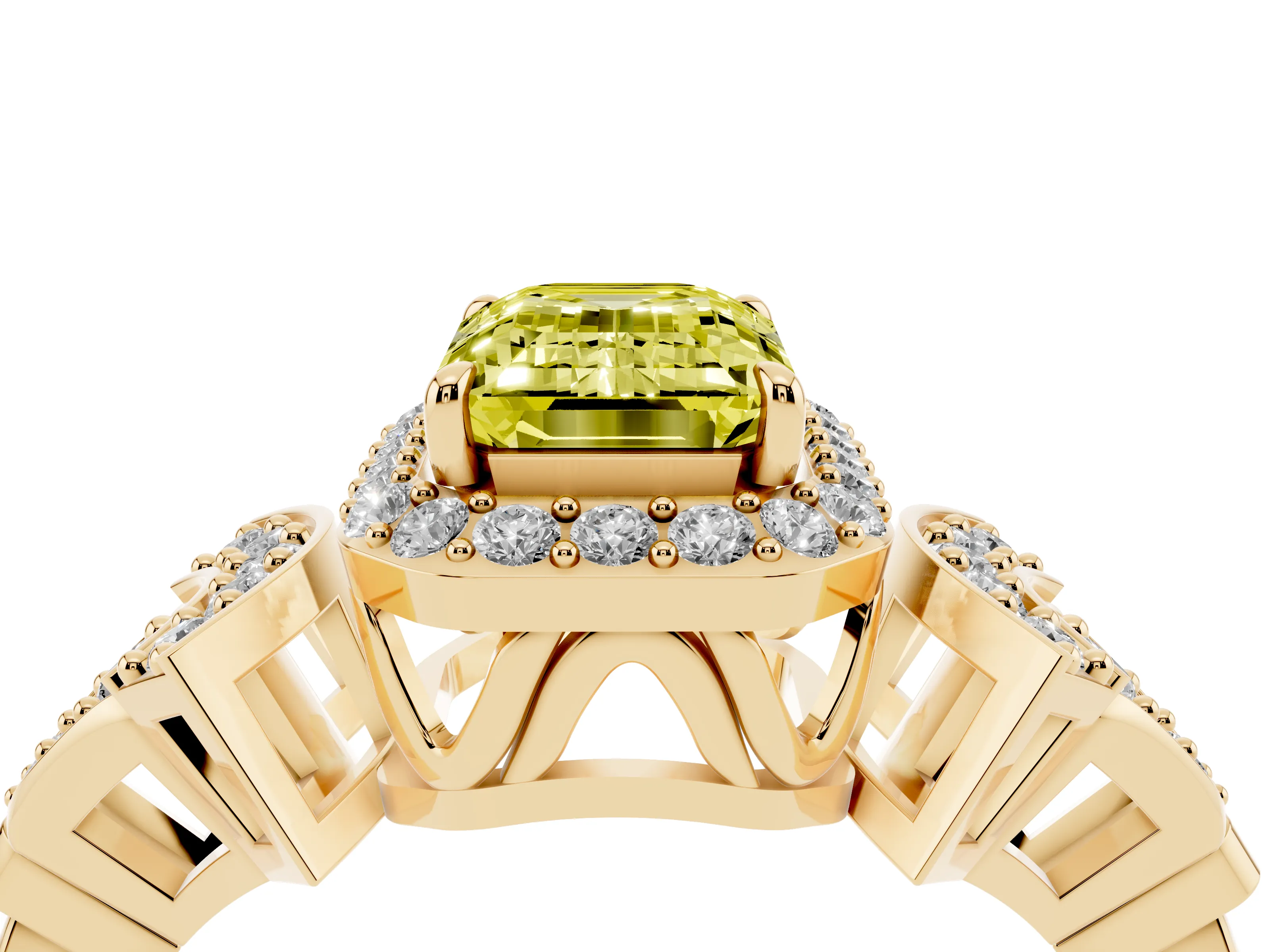 Fancy Yellow Emerald Cut Diamond Halo Engagement Ring Set in Yellow gold with Accent Stone Split Shank