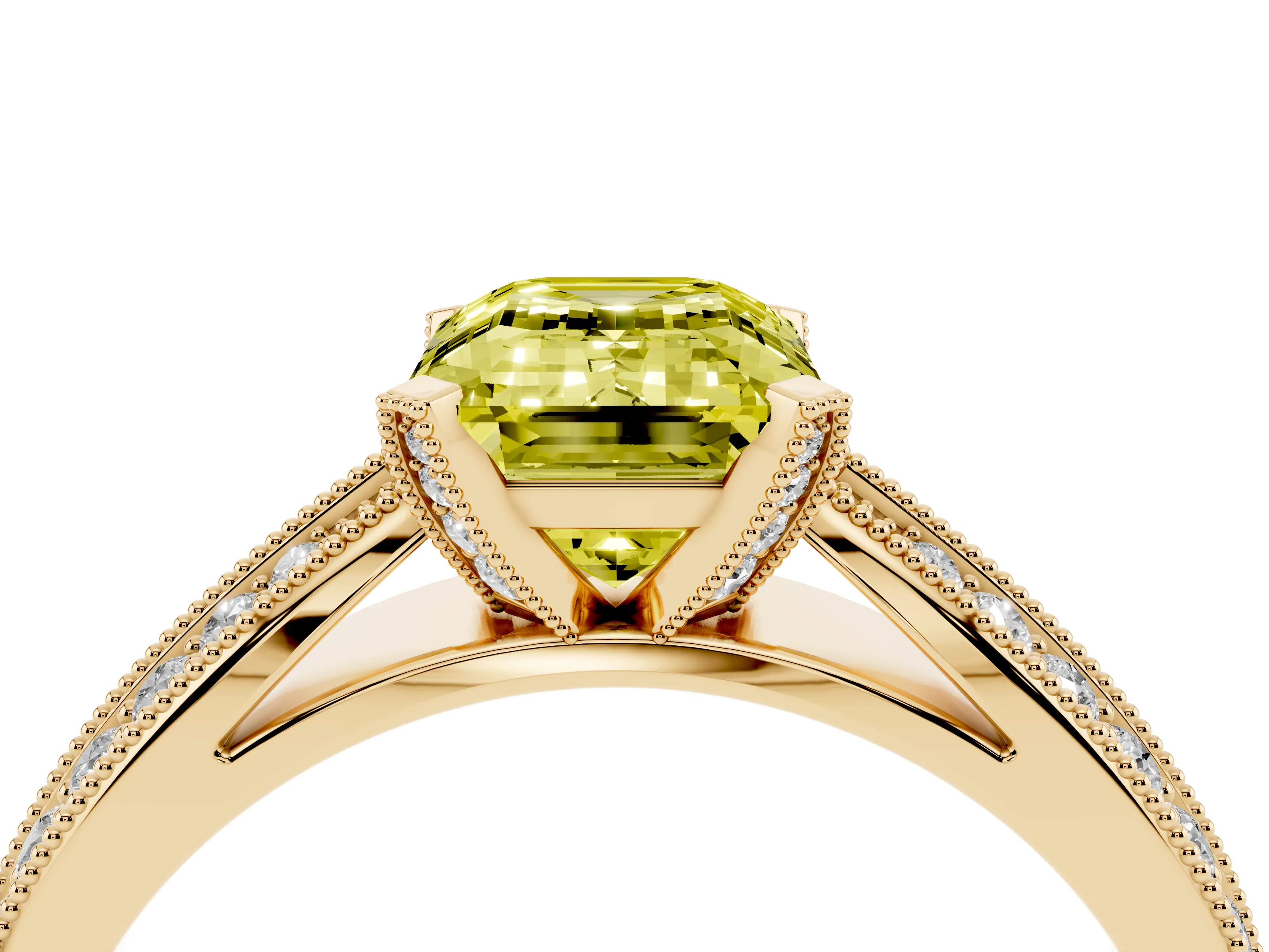 Fancy Yellow Emerald Cut Diamond Solitaire Ring Set in Yellow gold with Milgrain Double Row Round Pavé Band