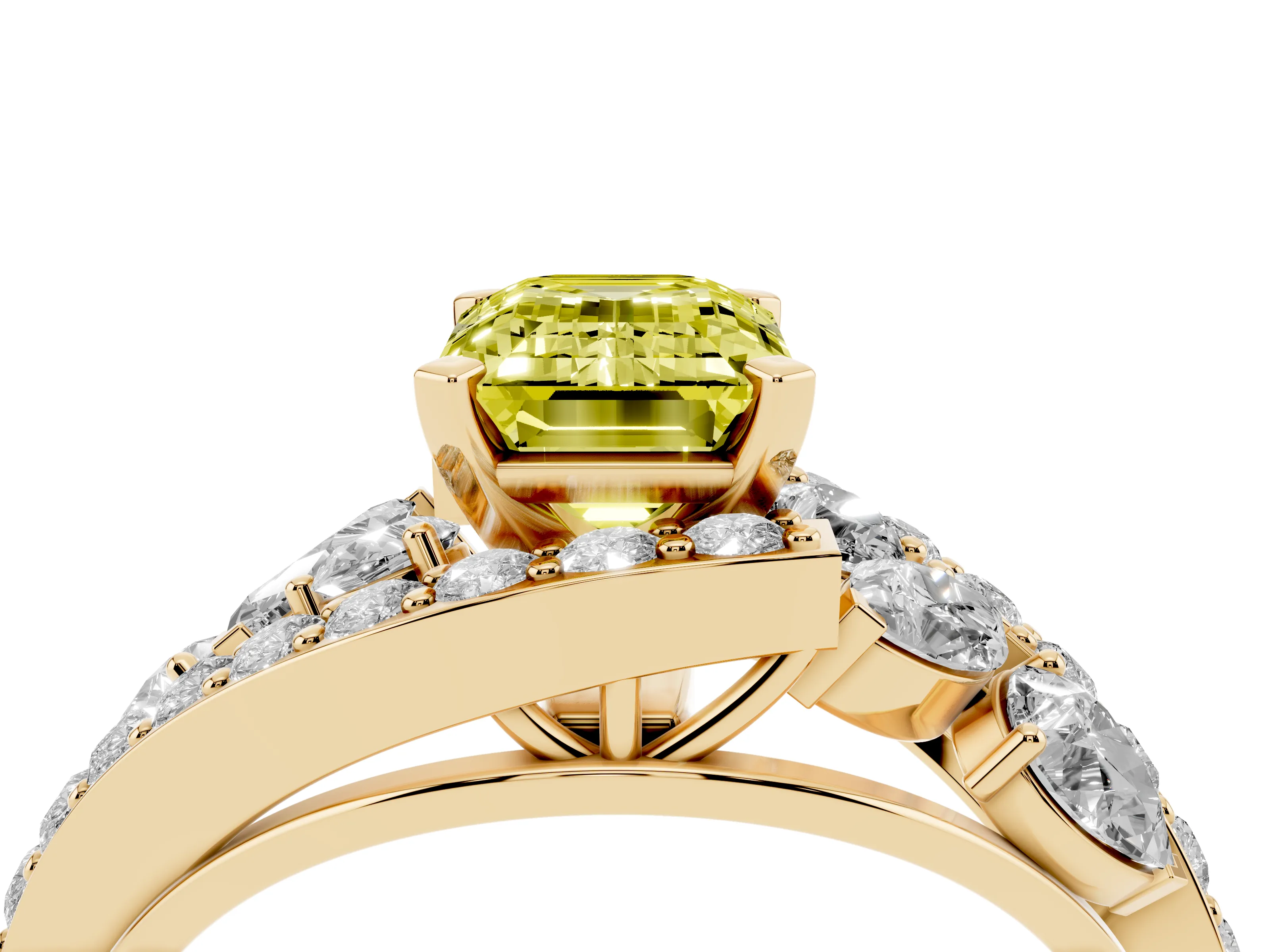 Fancy Yellow Emerald Cut Diamond Halo Ring Set in Yellow gold with Marquise and Pavé Band in Prong Setting