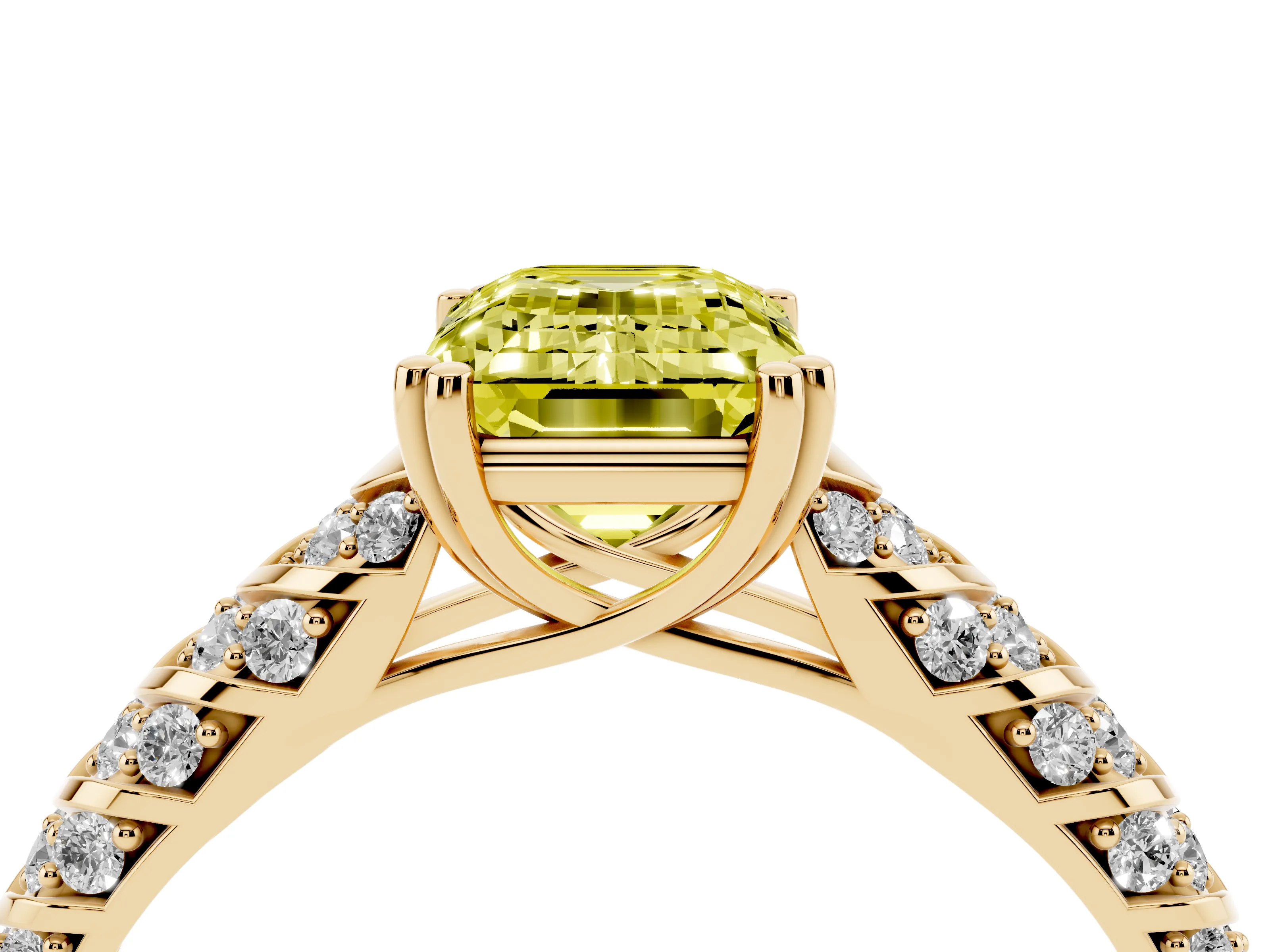 Fancy Yellow Emerald Cut Diamond Solitaire Chevron Pavé Engagement Ring Set in Yellow gold with Prong Setting