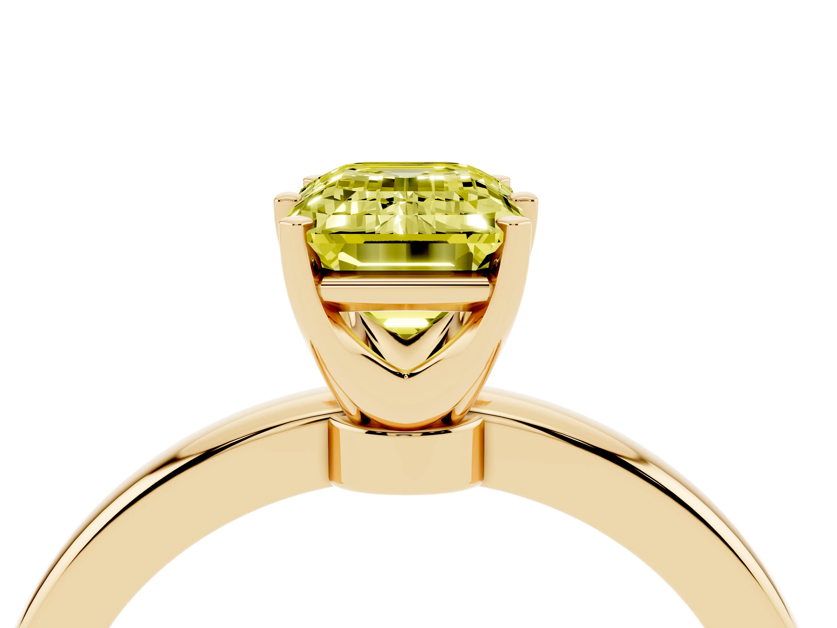 Fancy Yellow Emerald Cut Diamond Solitaire Ring Set in Yellow gold with Raised Prong Setting on a Classic Band