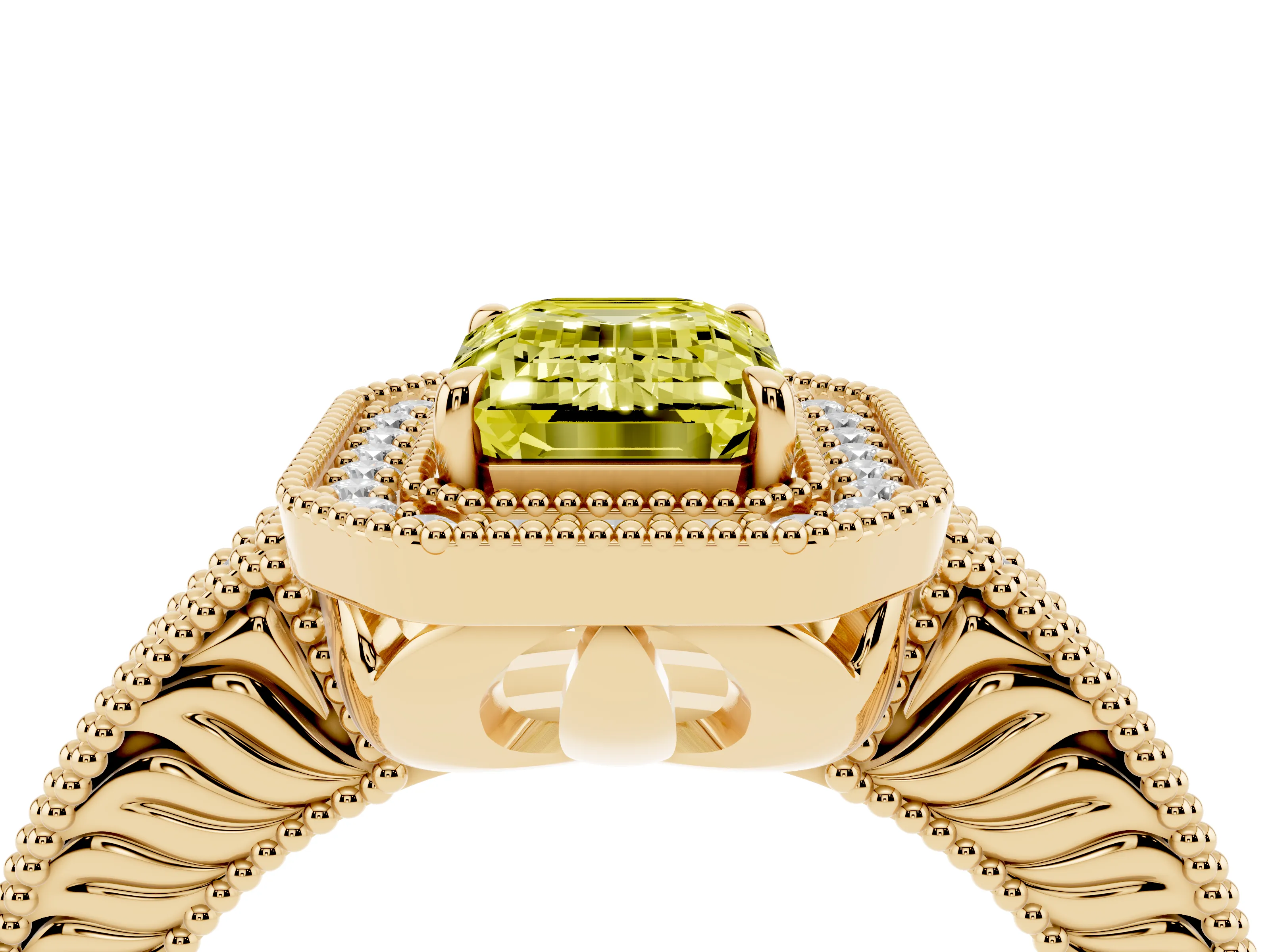 Fancy Yellow Emerald Cut Diamond Halo Ring Set in Yellow gold with Round Accent Halo, Pavé Band and Prong Setting
