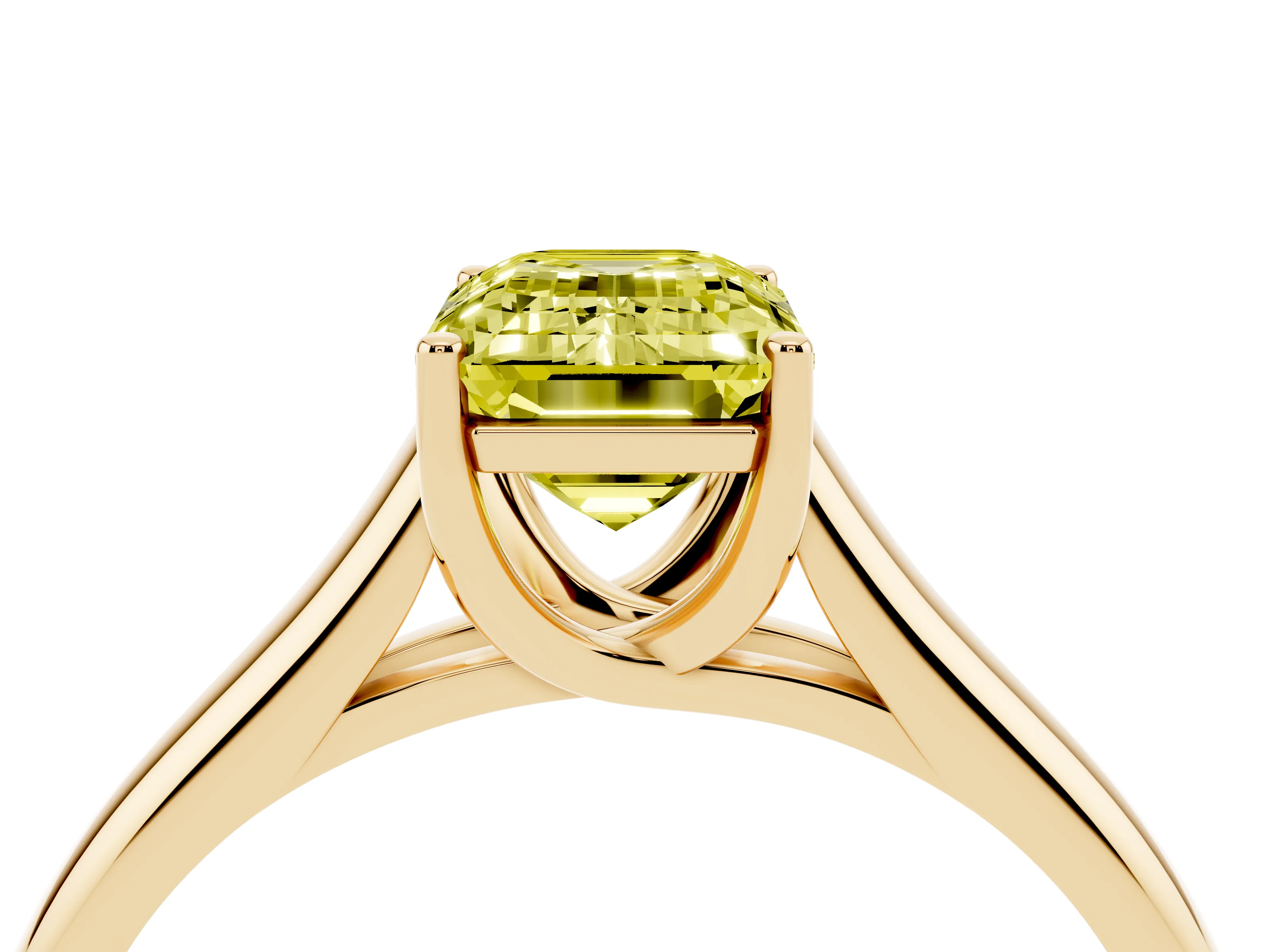Fancy Yellow Emerald Cut Diamond Solitaire Engagement Ring Set in Yellow gold with Subtly Tapered Band and Prong Setting