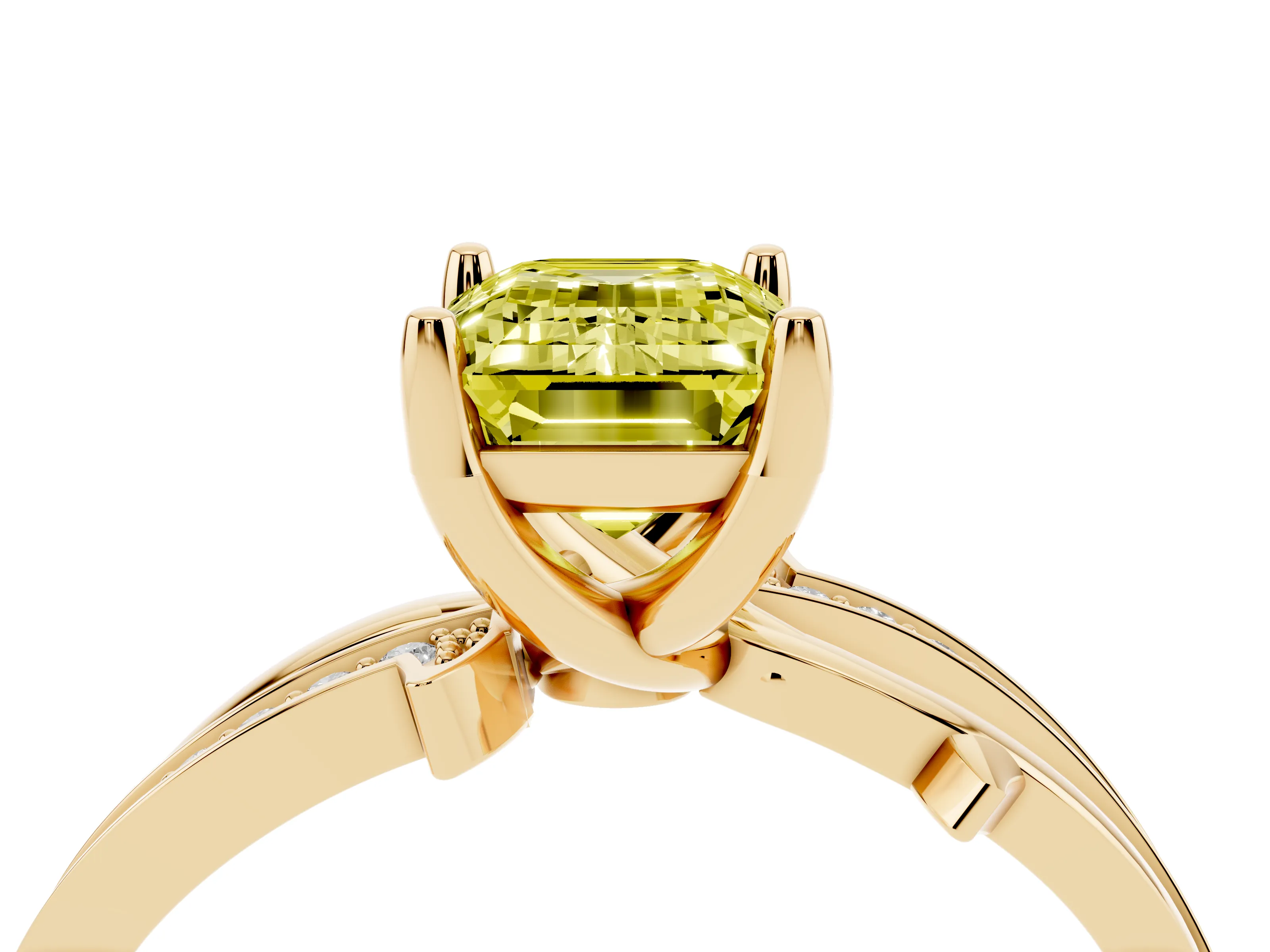 Fancy Yellow Emerald Cut Diamond Pavé Twist Band Solitaire Ring Set in Yellow gold with Prong Setting