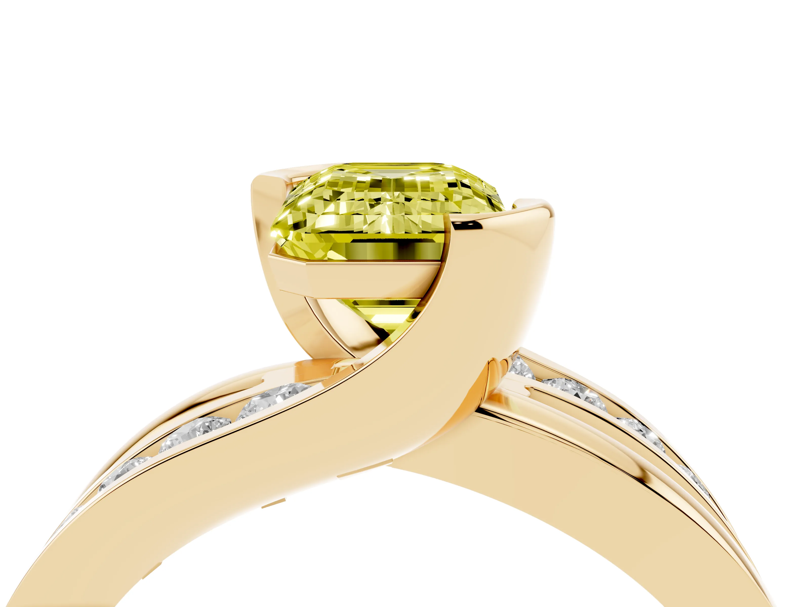 Fancy Yellow Emerald Cut Diamond Solitaire Ring Set in Yellow gold with Channel Set Split Shank and Tension Prongs