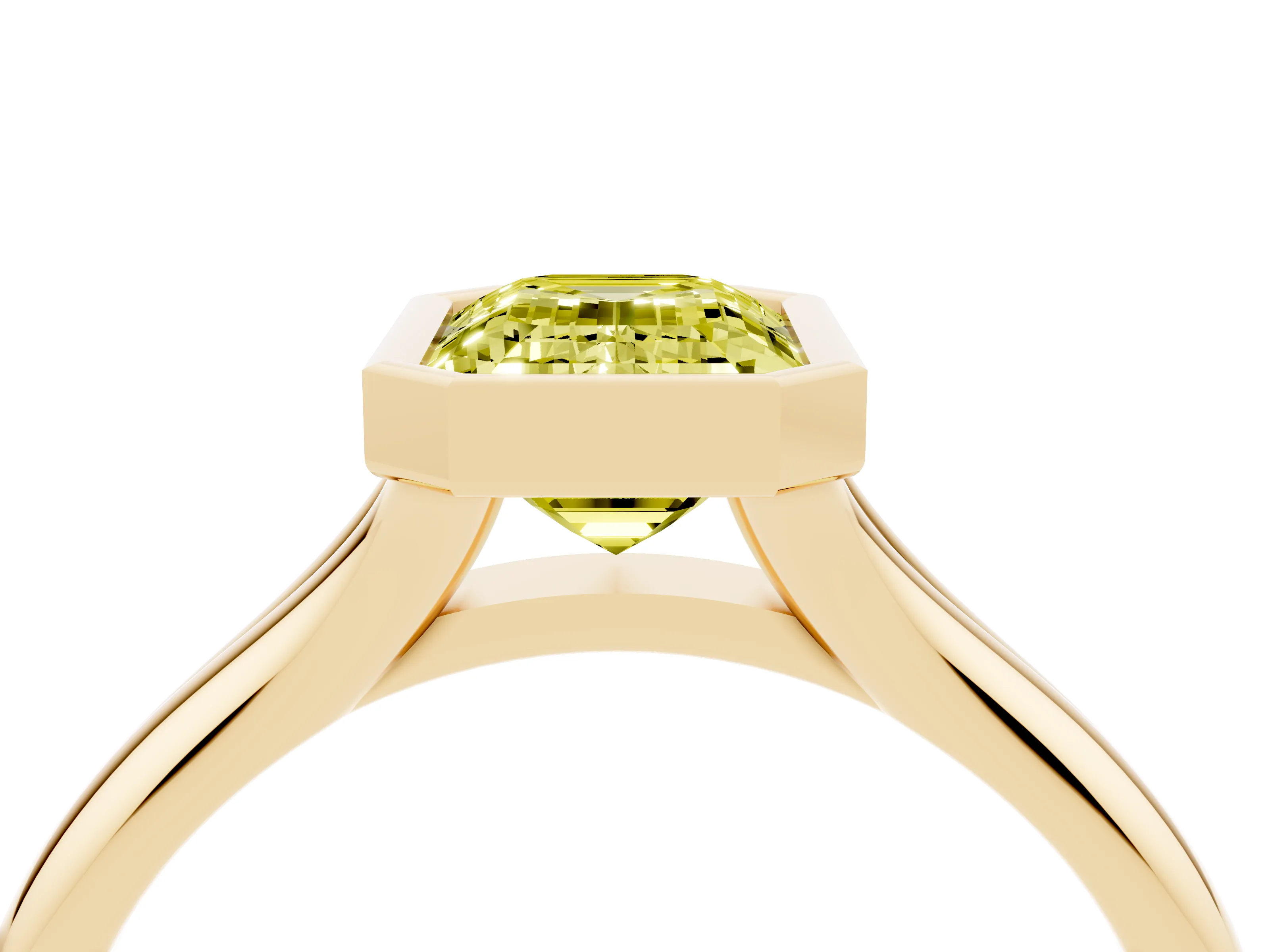 Fancy Yellow Bezel Set Emerald Cut Diamond Solitaire Ring Set in Yellow gold with Smooth Band
