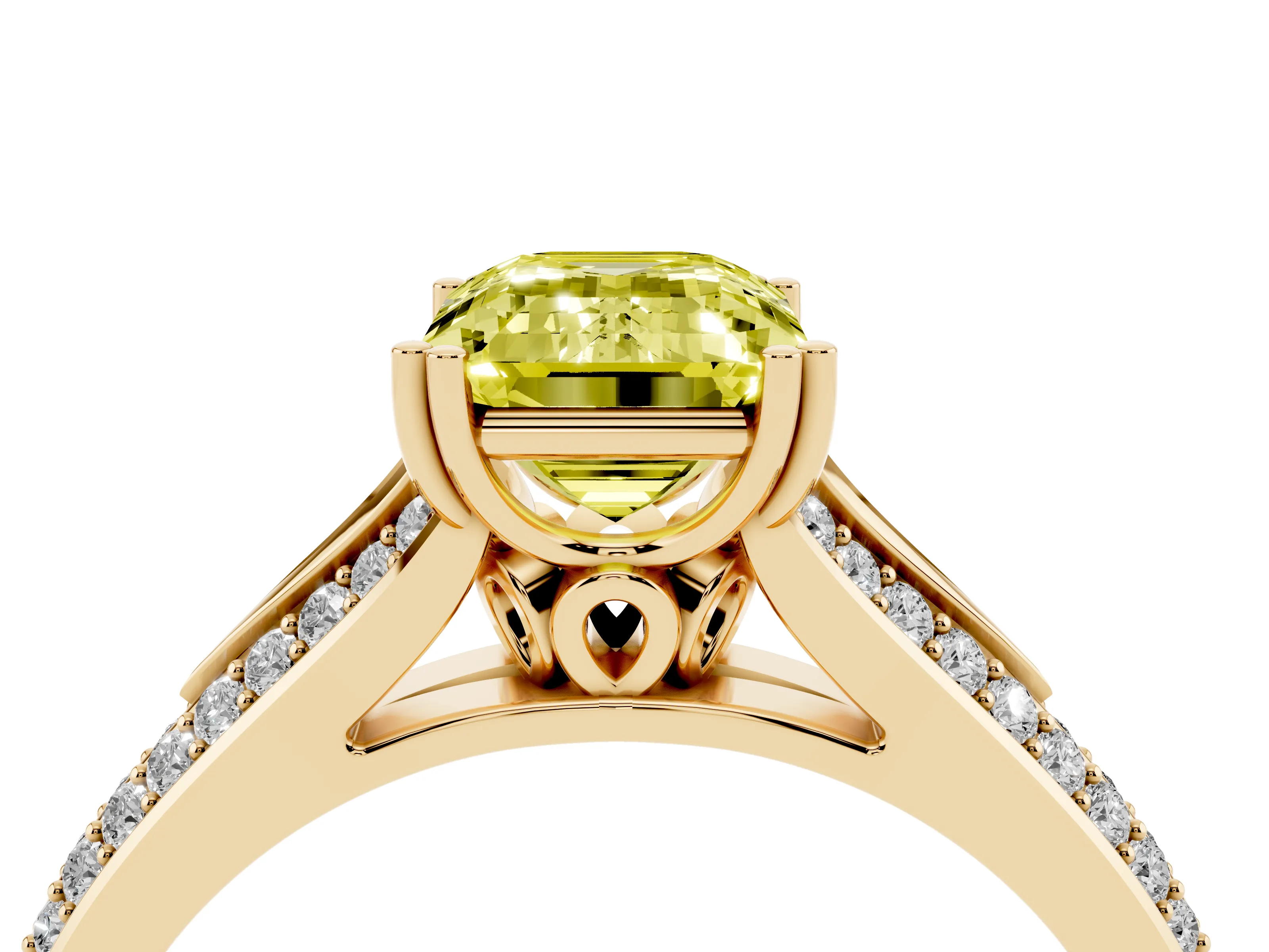 Fancy Yellow Emerald Cut Diamond Split Shank Pavé Engagement Ring Set in Yellow gold with Prong-Set Center Stone