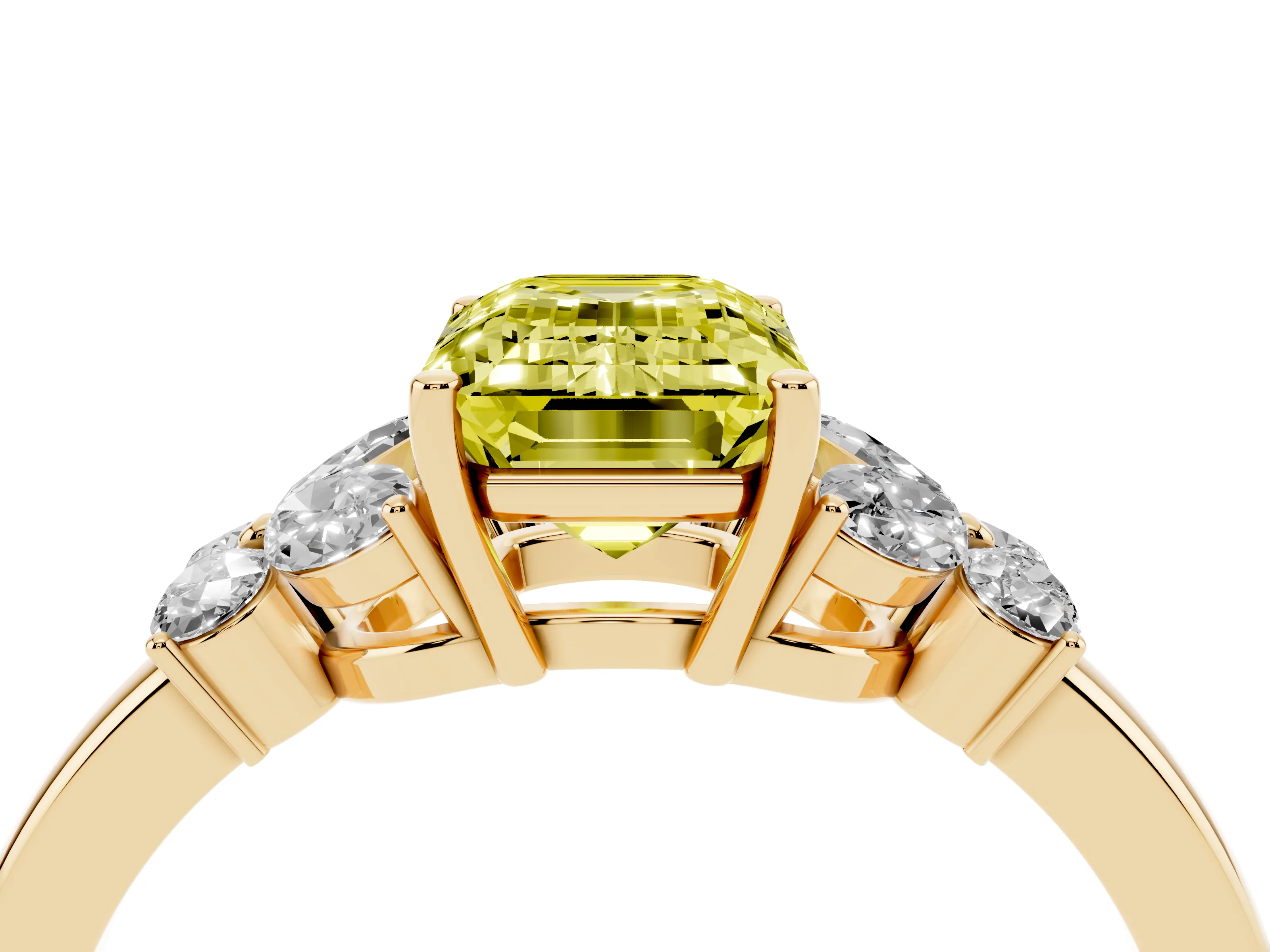 Fancy Yellow Emerald Cut Diamond Solitaire Floral Ring Set in Yellow gold with Marquise Petals and Prong Setting