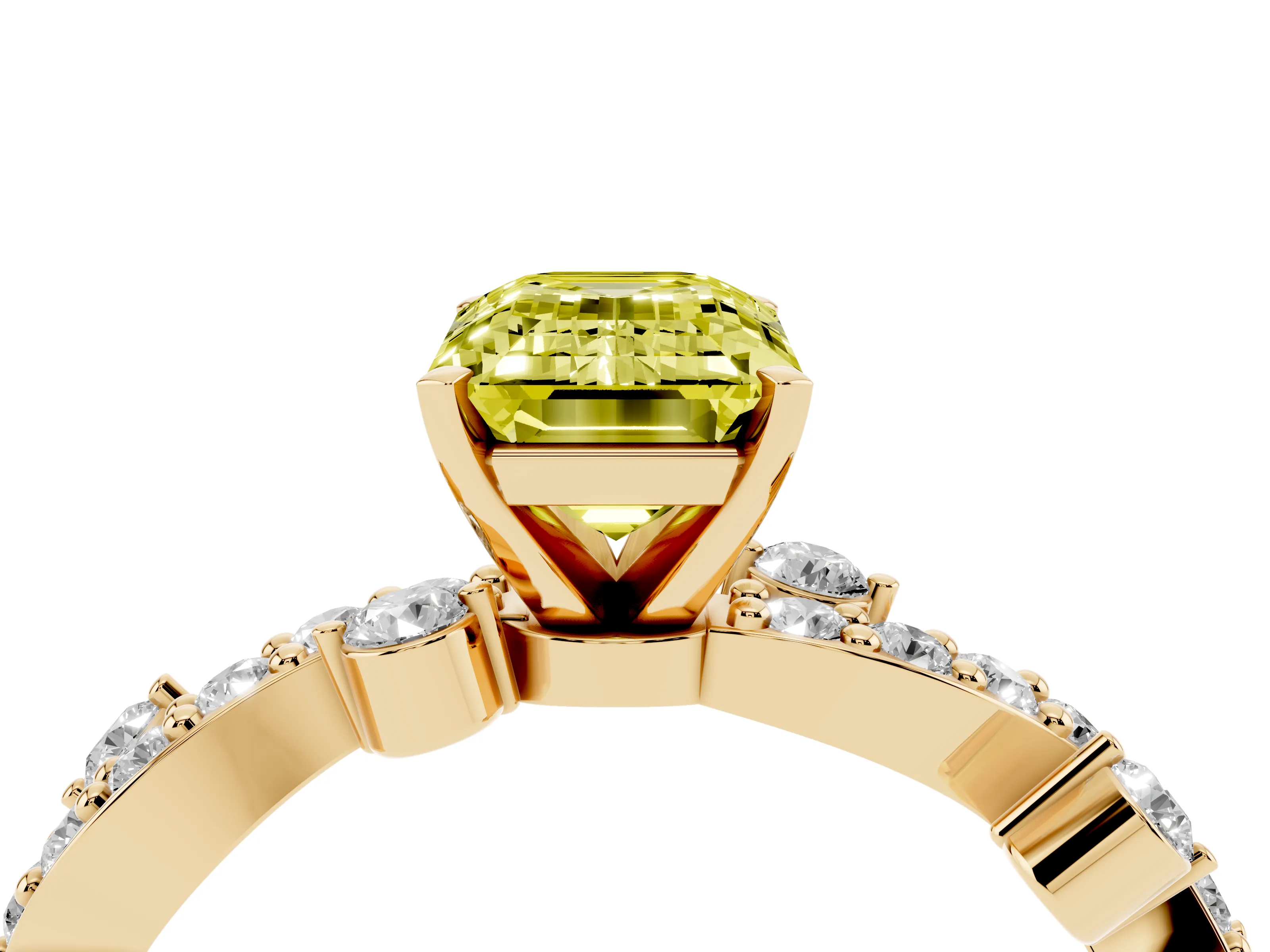 Fancy Yellow Emerald Cut Diamond Solitaire Twisted Band Set in Yellow gold with Pavé Setting