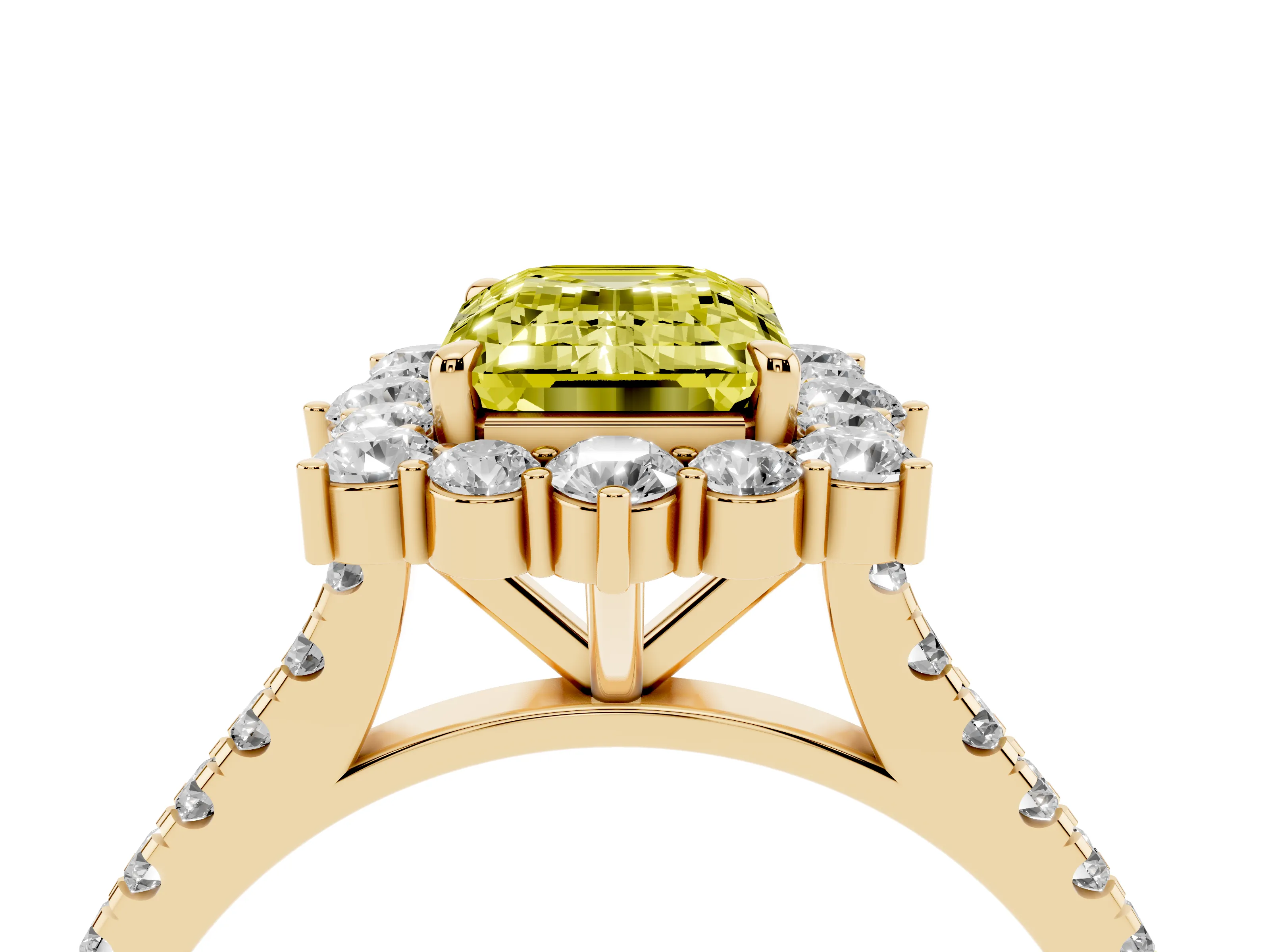 Fancy Yellow Emerald Cut Diamond Halo Ring Set in Yellow gold with Pavé Band and Prong Setting