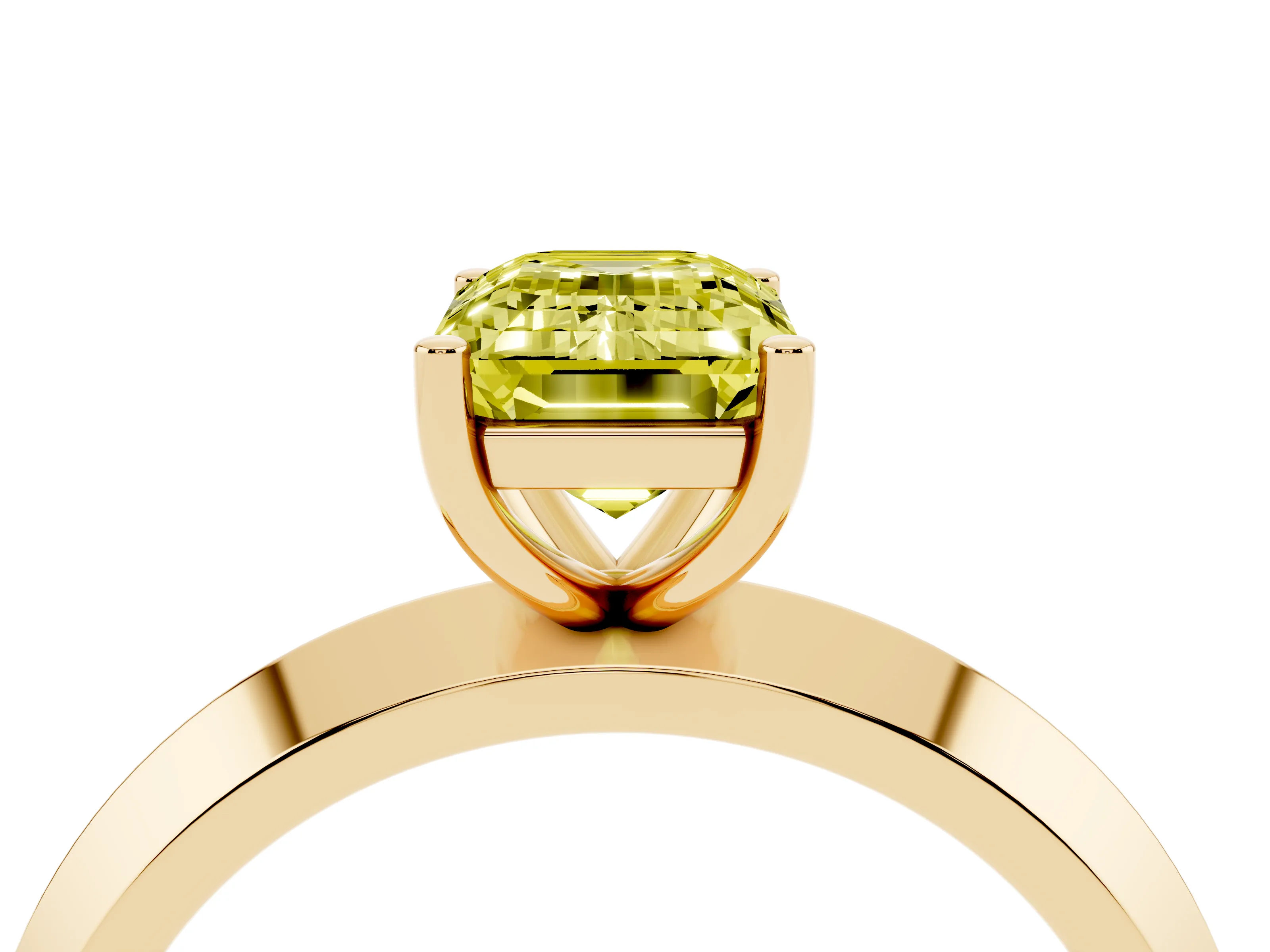 Fancy Yellow Emerald Cut Diamond Solitaire Engagement Ring Set in Yellow gold with Flat Band and Prong Setting
