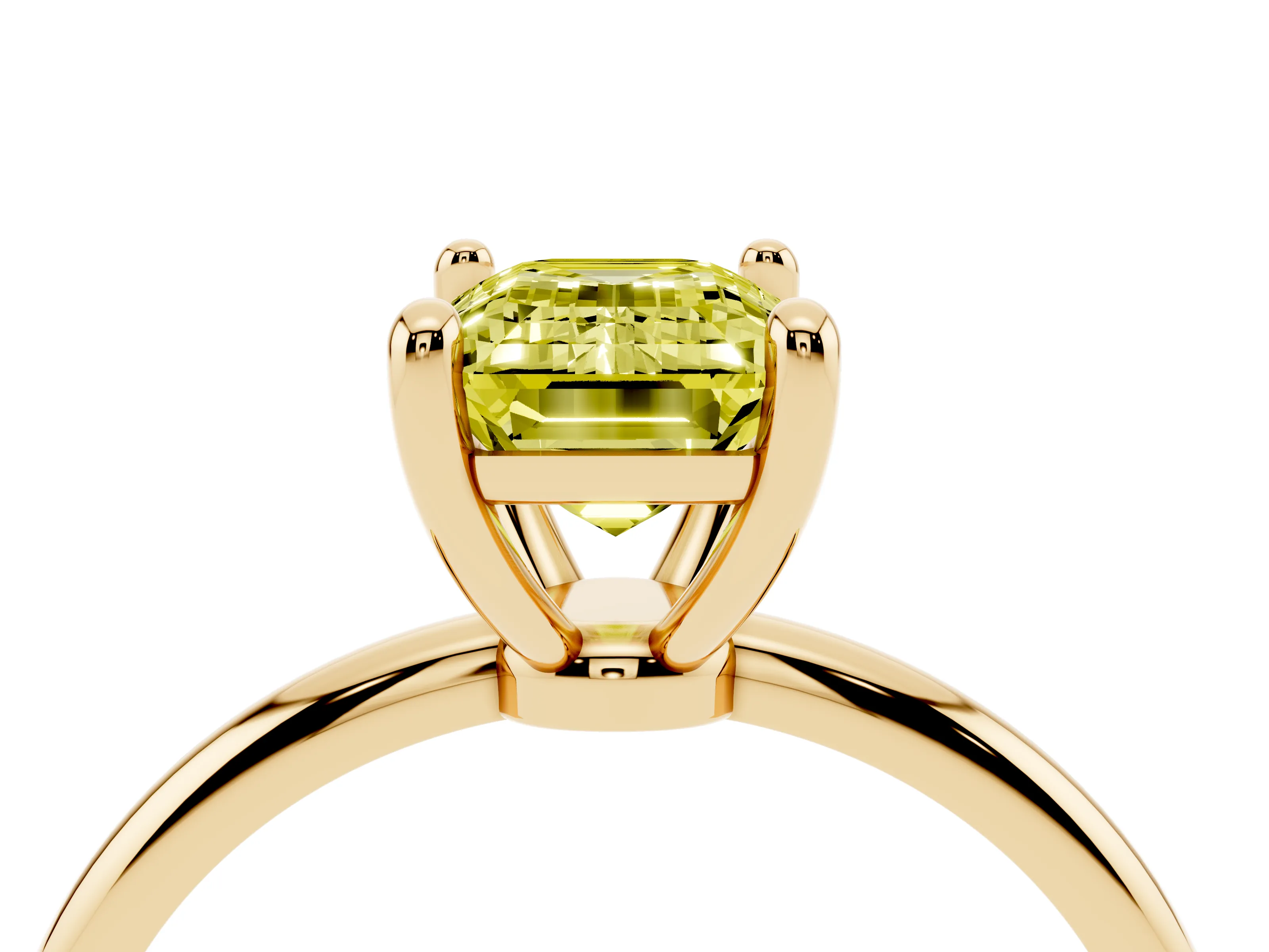 Fancy Yellow Emerald Cut Diamond Solitaire Ring Set in Yellow gold with Secure Prong Setting on a Classic Band