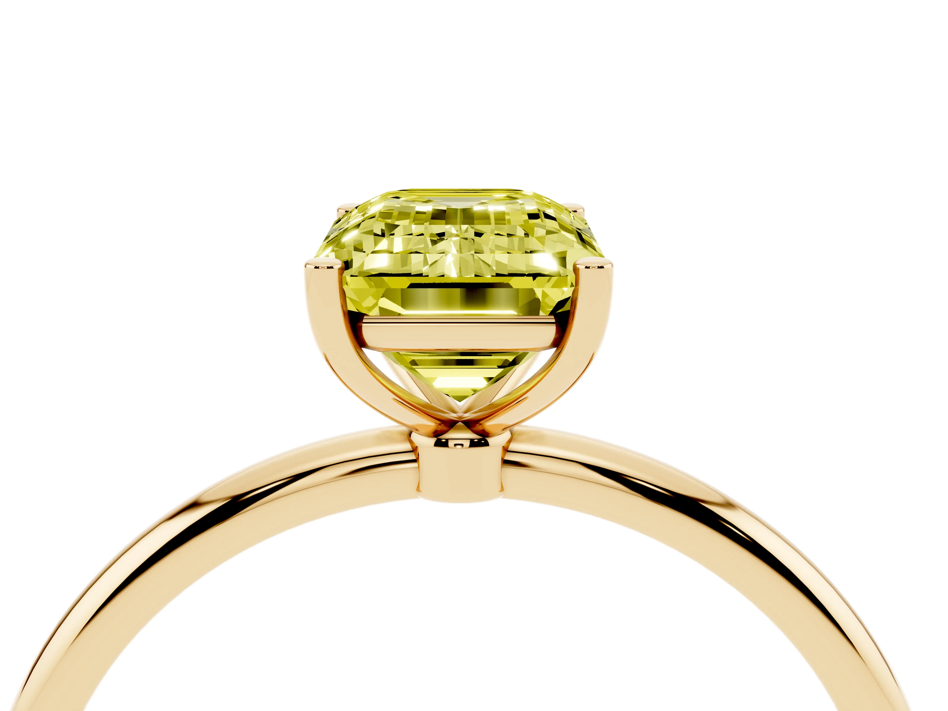 Fancy Yellow Emerald Cut Diamond Solitaire Engagement Ring Set in Yellow gold with Thin Band and Prong Setting