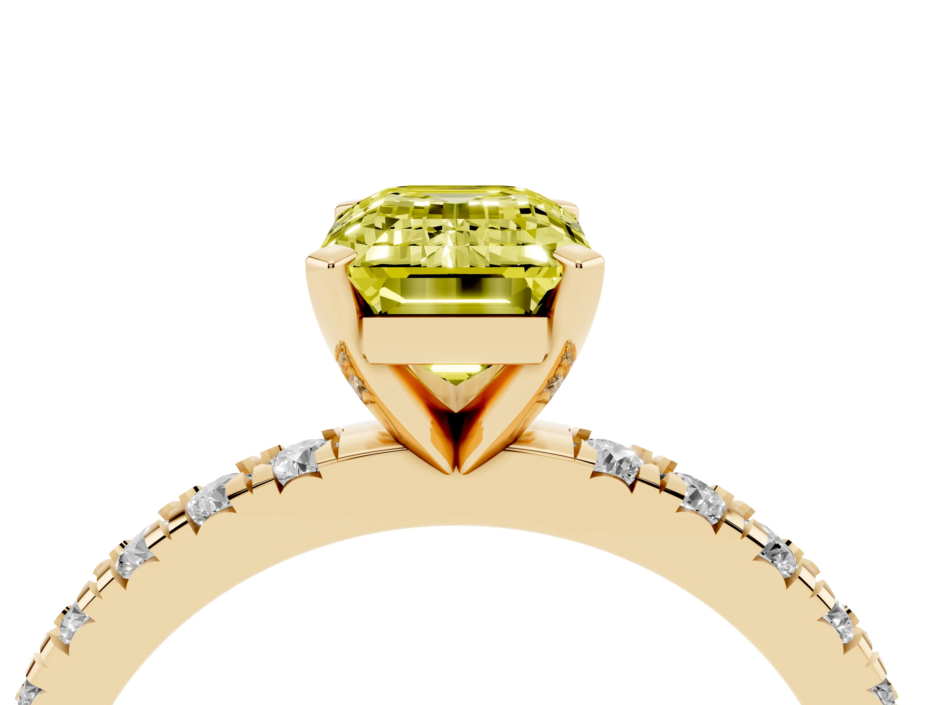 Fancy Yellow Emerald Cut Diamond Pavé Band Solitaire Set in Yellow gold with Prong Setting