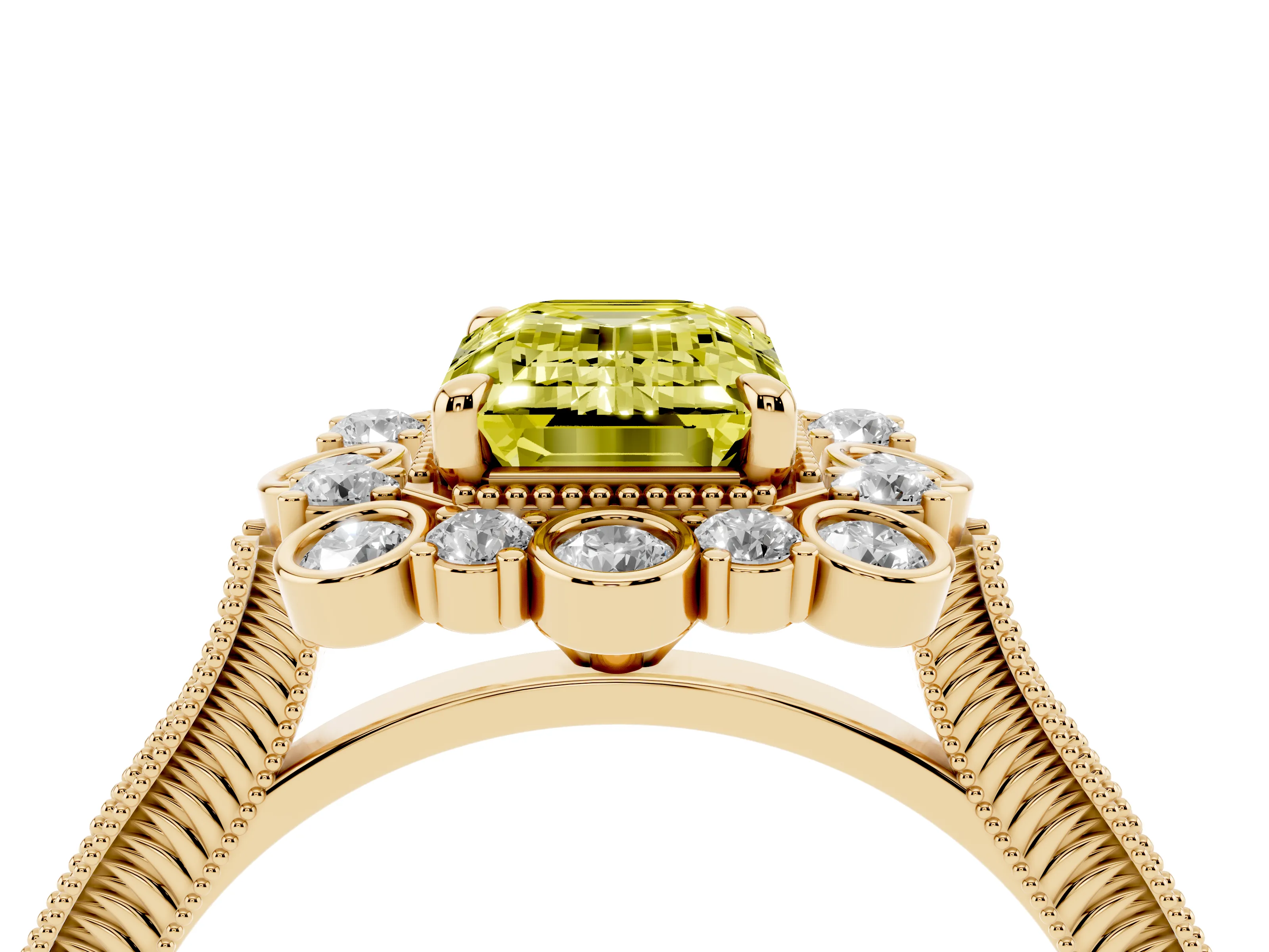 Fancy Yellow Emerald Cut Diamond Halo Milgrain Pavé Ring Set in Yellow gold with Prong Setting