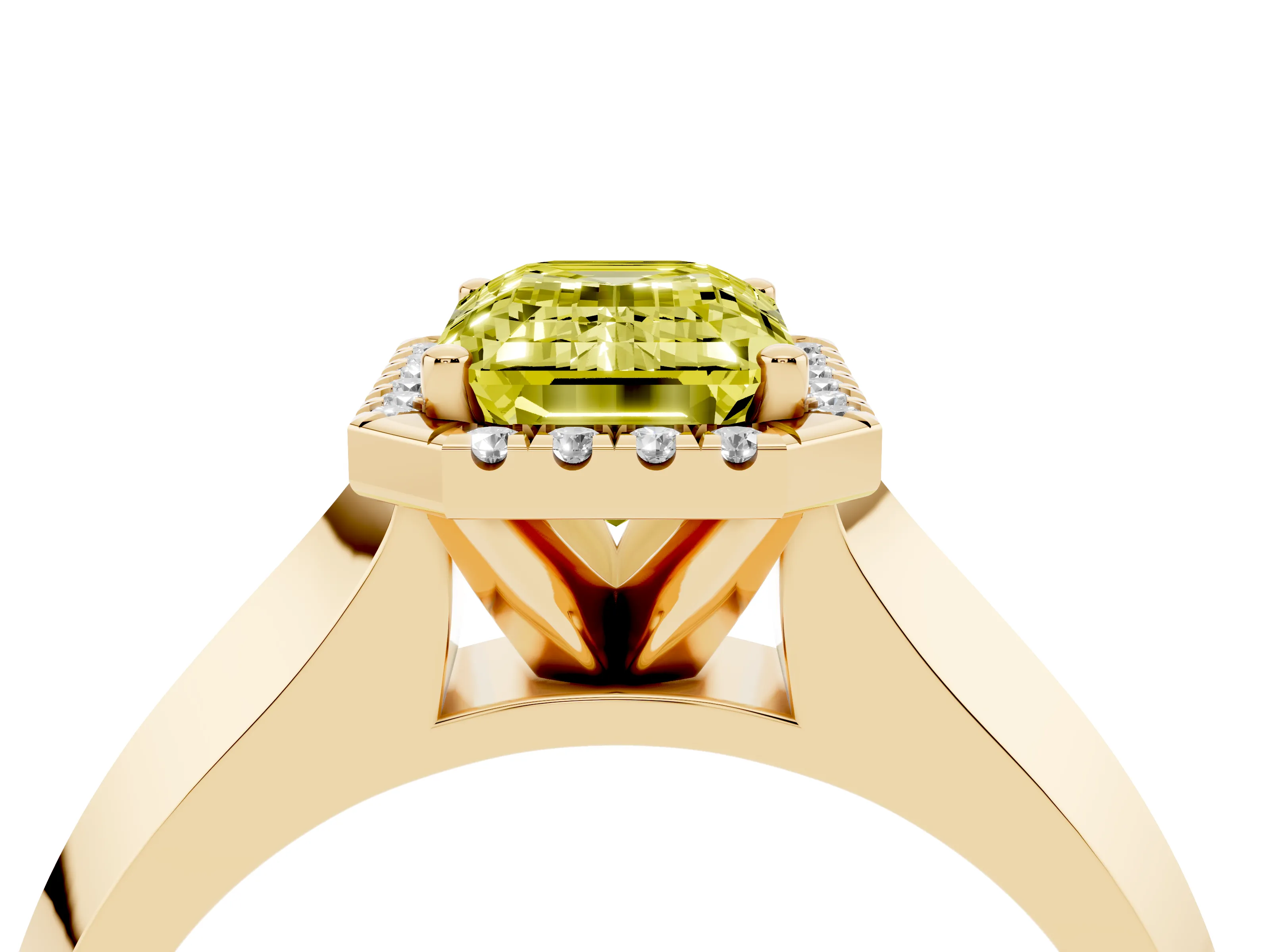 Fancy Yellow Emerald Cut Diamond Halo Ring Set in Yellow gold with Cathedral Band and Prong Setting