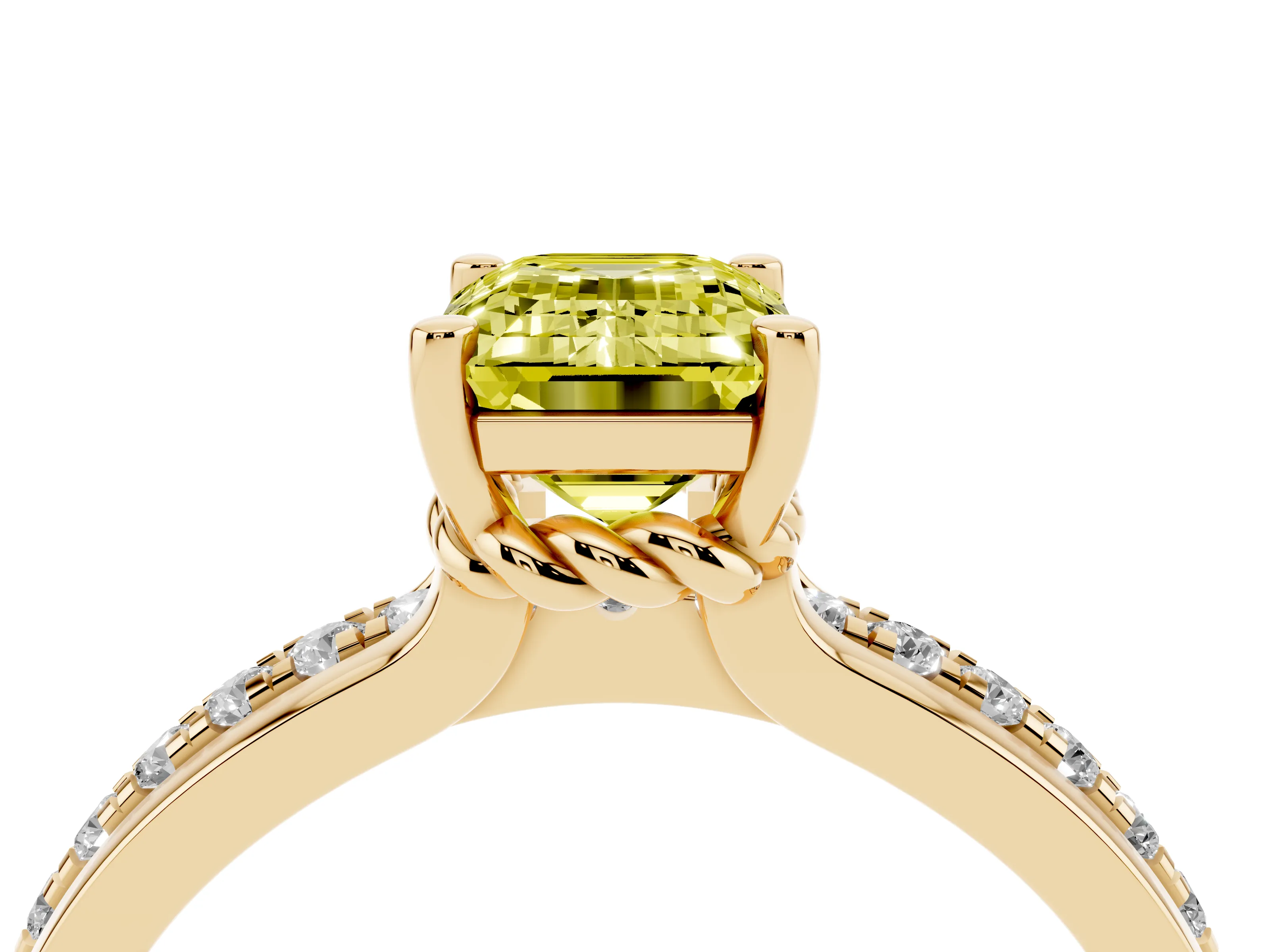 Fancy Yellow Emerald Cut Diamond Solitaire Ring Set in Yellow gold with Channel Set Band and Prong Setting