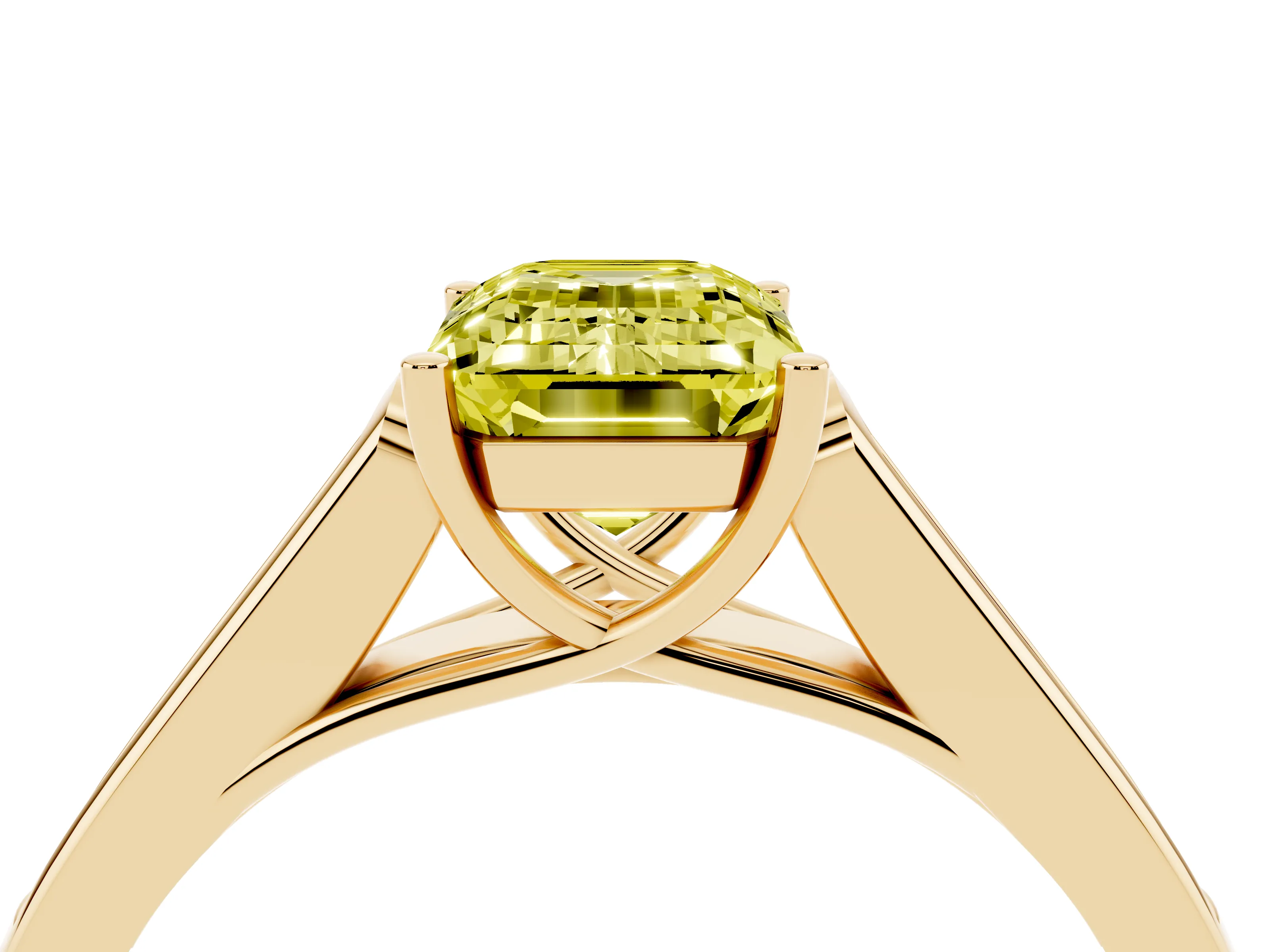 Fancy Yellow Emerald Cut Diamond Solitaire Cathedral Engagement Ring Set in Yellow gold with Channel-Set Band and Prong Setting