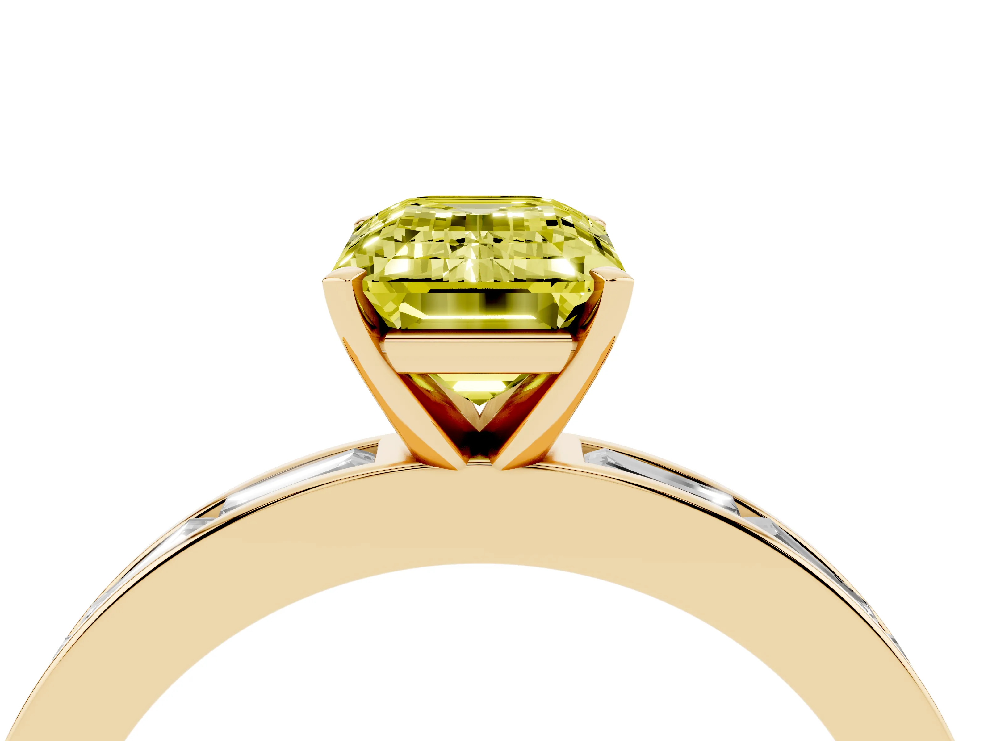 Fancy Yellow Emerald Cut Diamond Solitaire Ring Set in Yellow gold with Channel-Set Baguette Band and Prong Setting