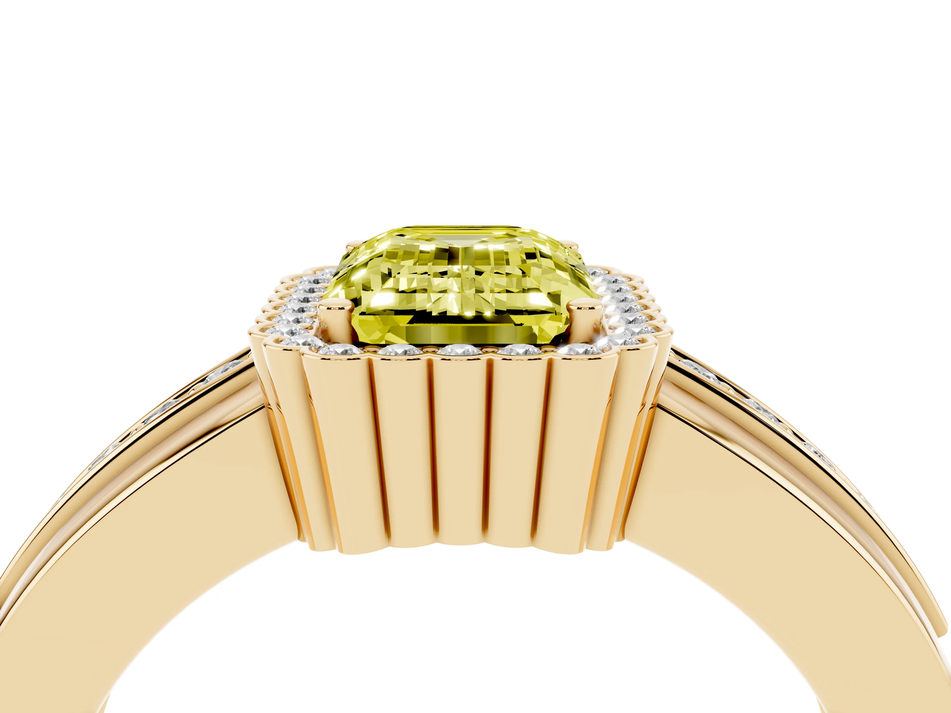 Fancy Yellow Emerald Cut Diamond Halo Prong Ring Set in Yellow gold with Pavé Band