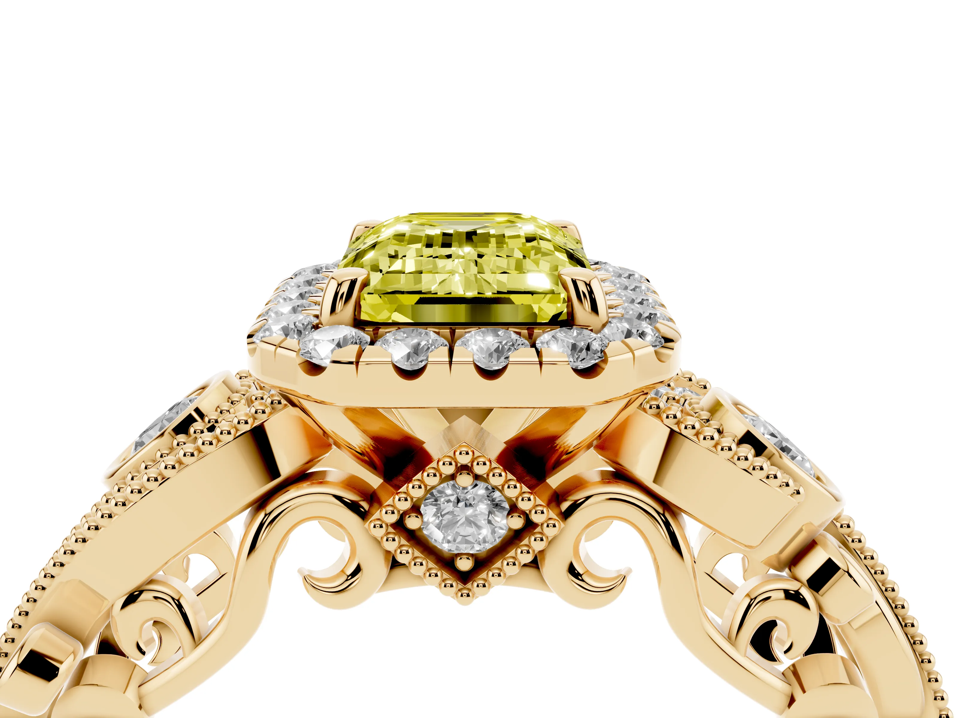 Fancy Yellow Emerald Cut Diamond Halo Ring Set in Yellow gold with Milgrain Pavé Band and Prong Setting
